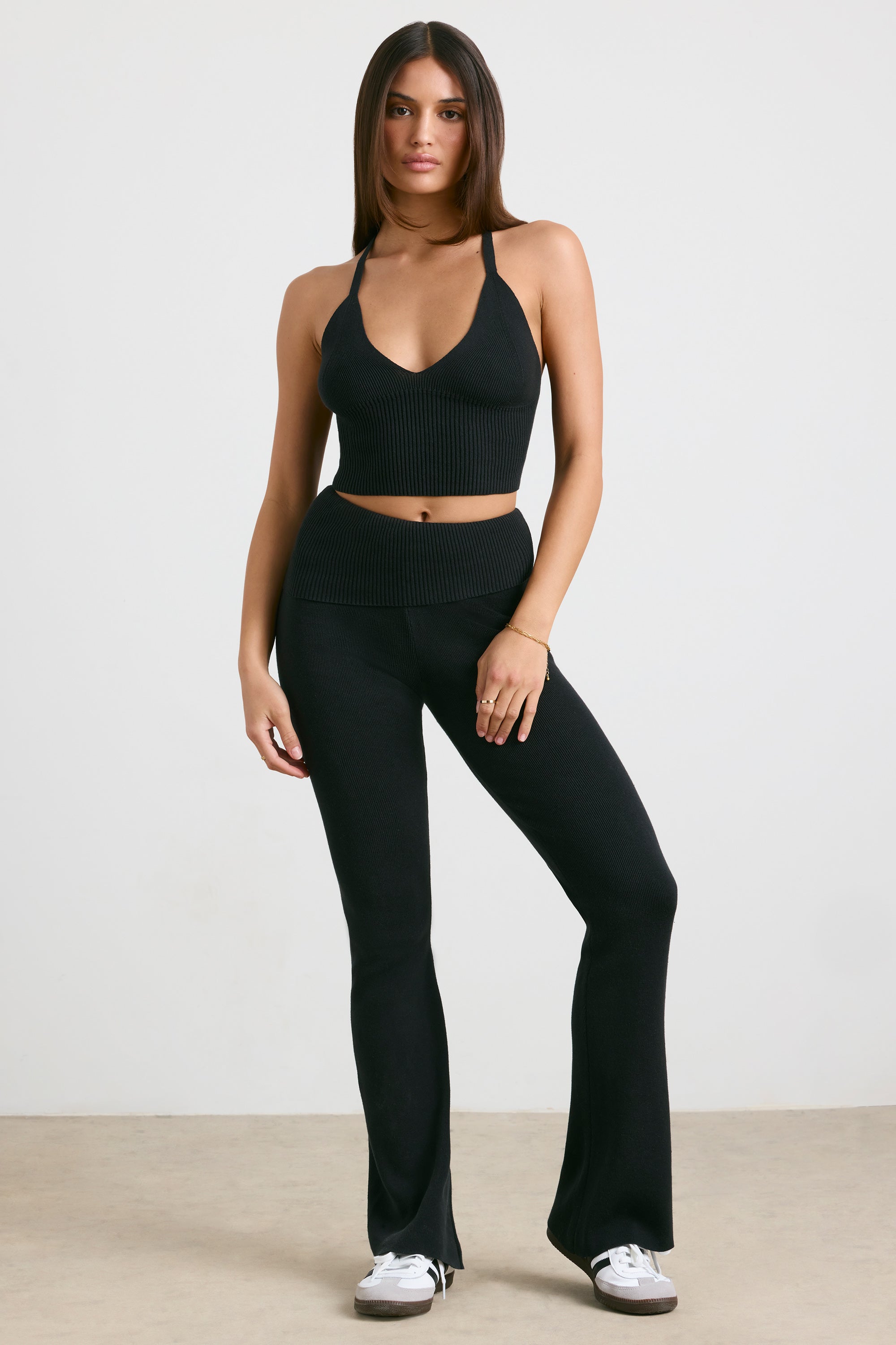 Chunky Knit Kick Flare Trousers in Black