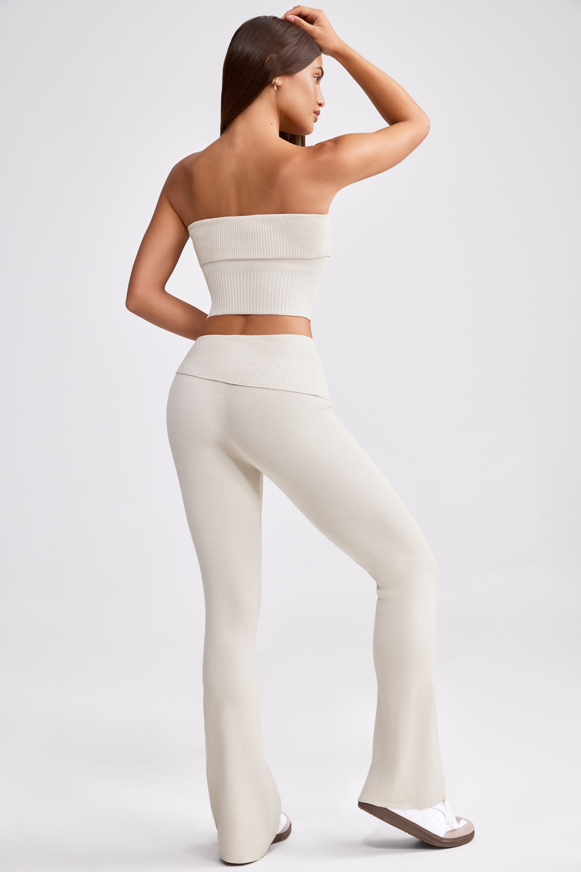 Pantalon évasé pliable en grosse maille crème