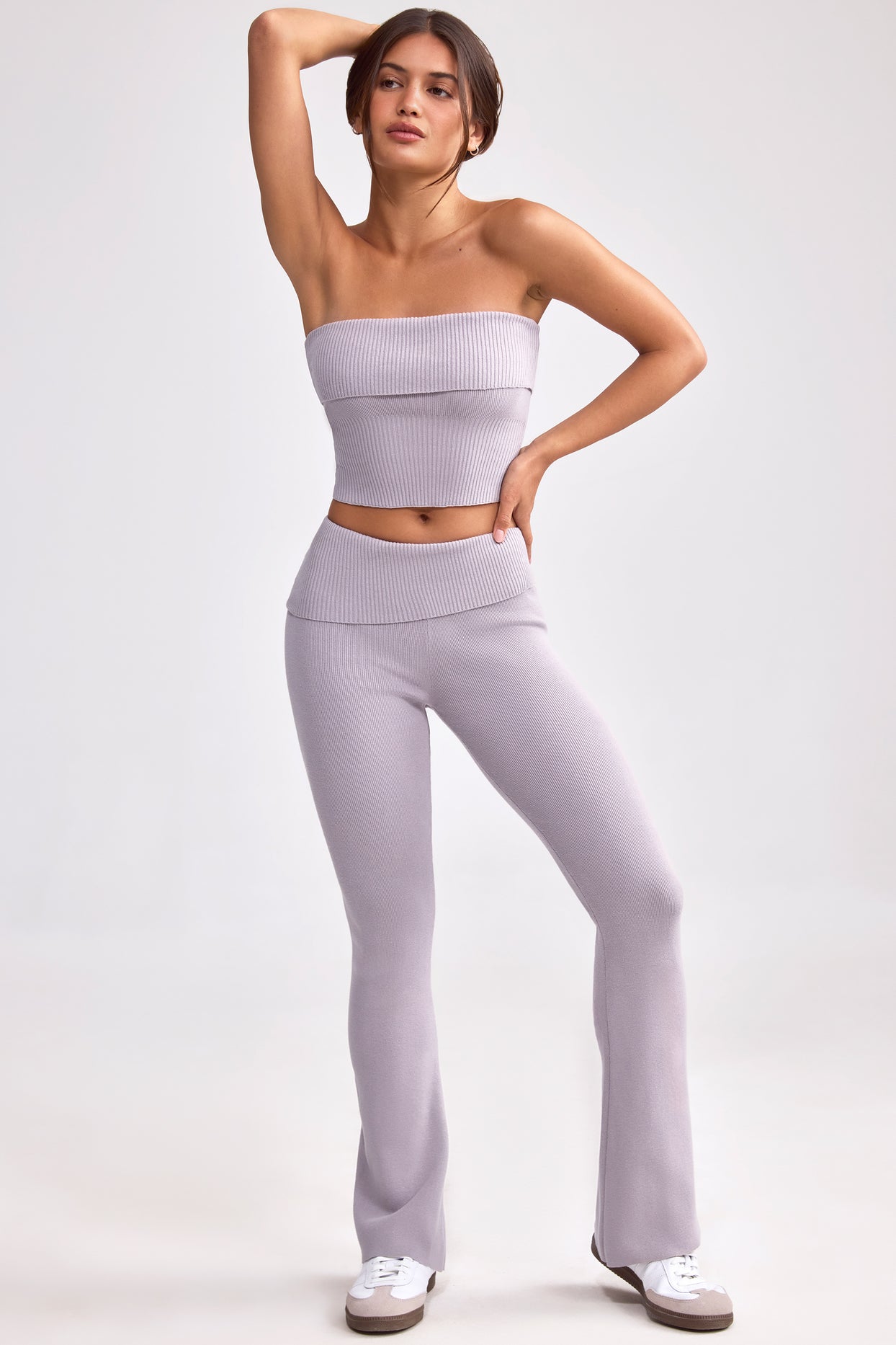 Fold Over Kick Flare Chunky Knit Trousers in Dusty Lavender
