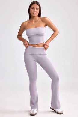 Fold Over Kick Flare Chunky Knit Trousers in Dusty Lavender