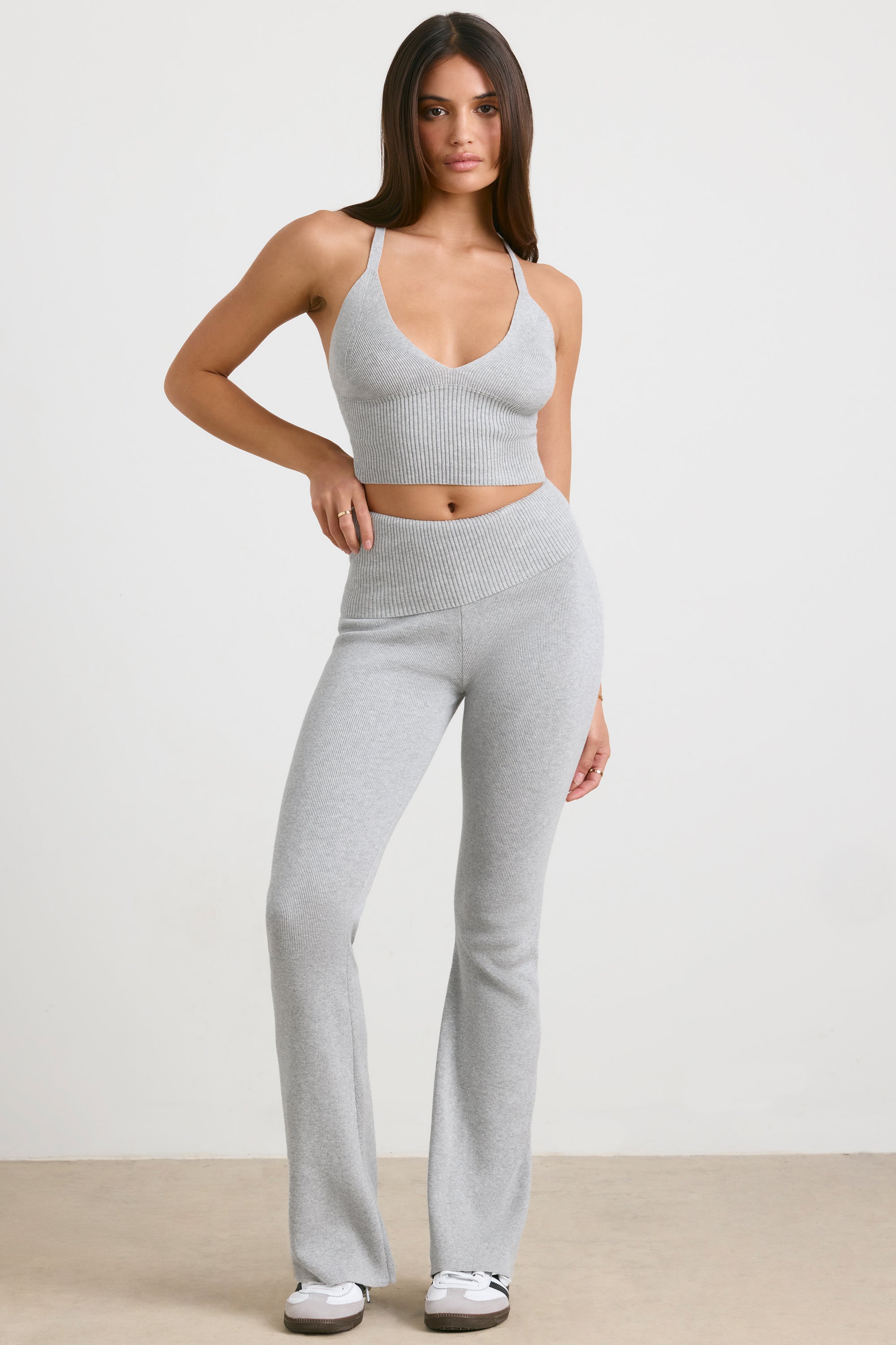 Petite Chunky Knit Kick Flare Trousers in Heather Grey