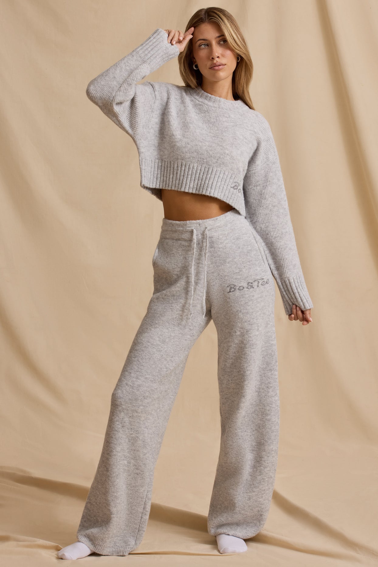 Petite Mid-Rise Wide-Leg Joggers in Ice Marl