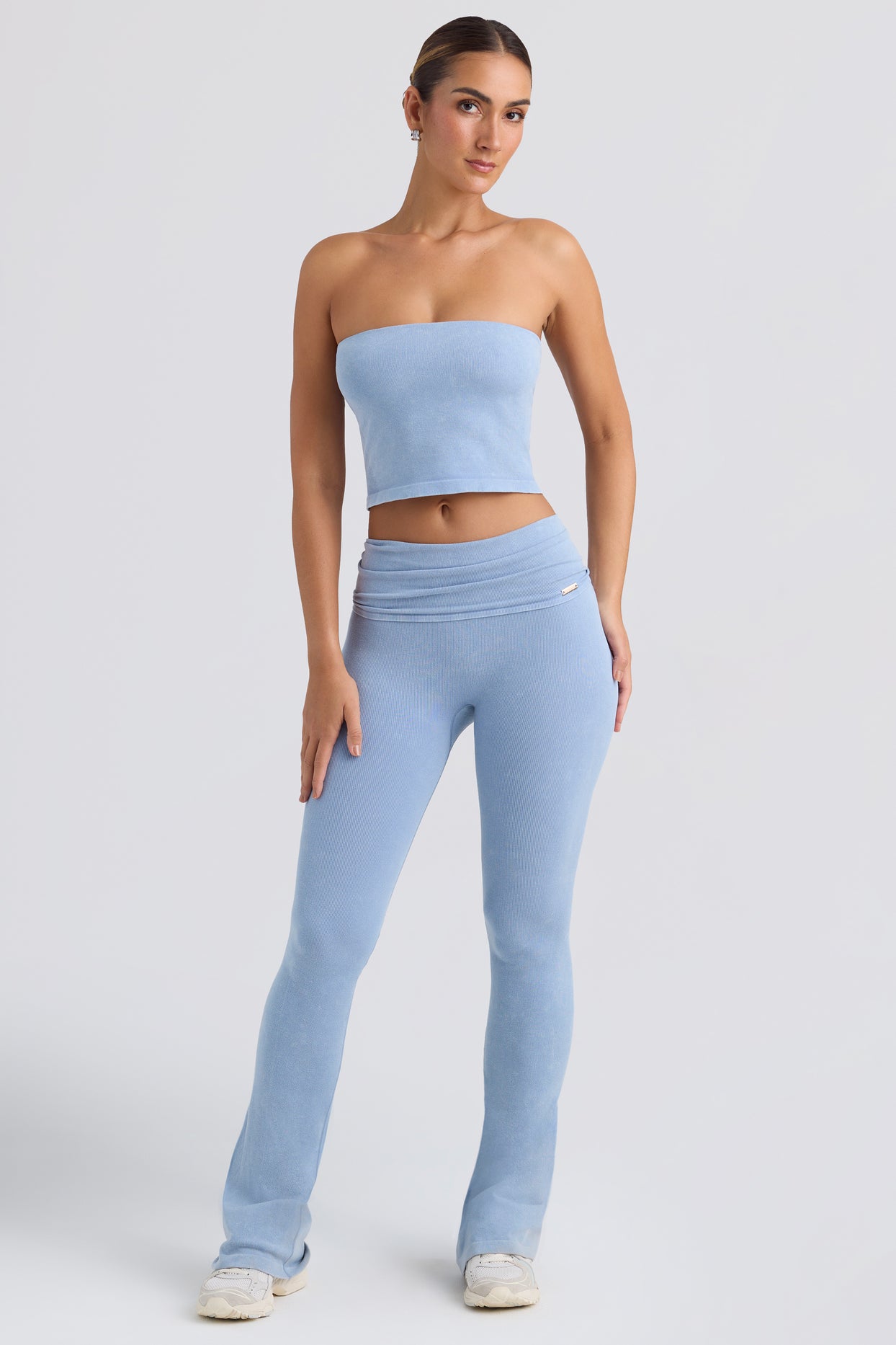 Foldover Flared Trousers in Washed Blue