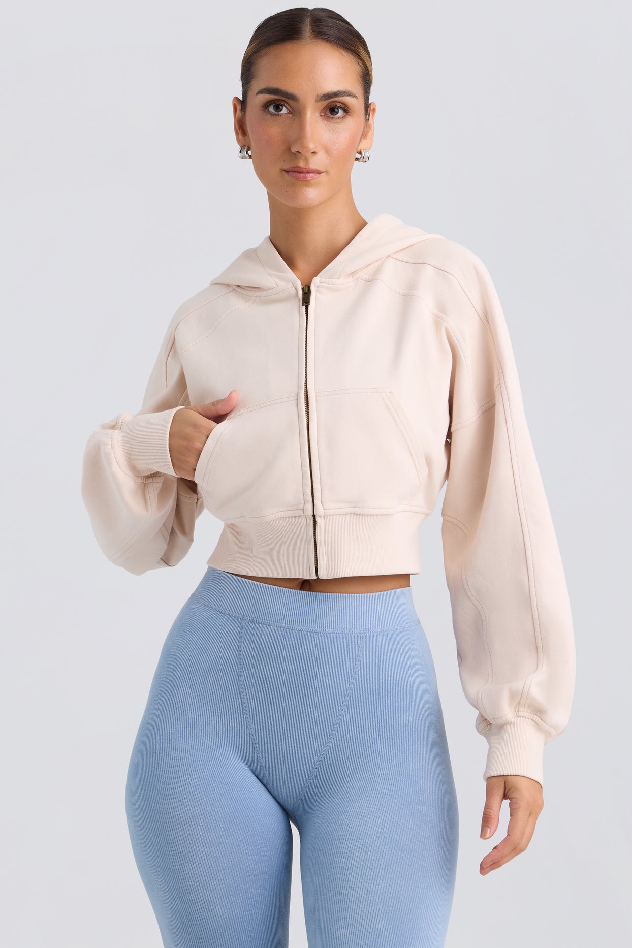 Zip-Up Cropped Hoodie in Washed Cream