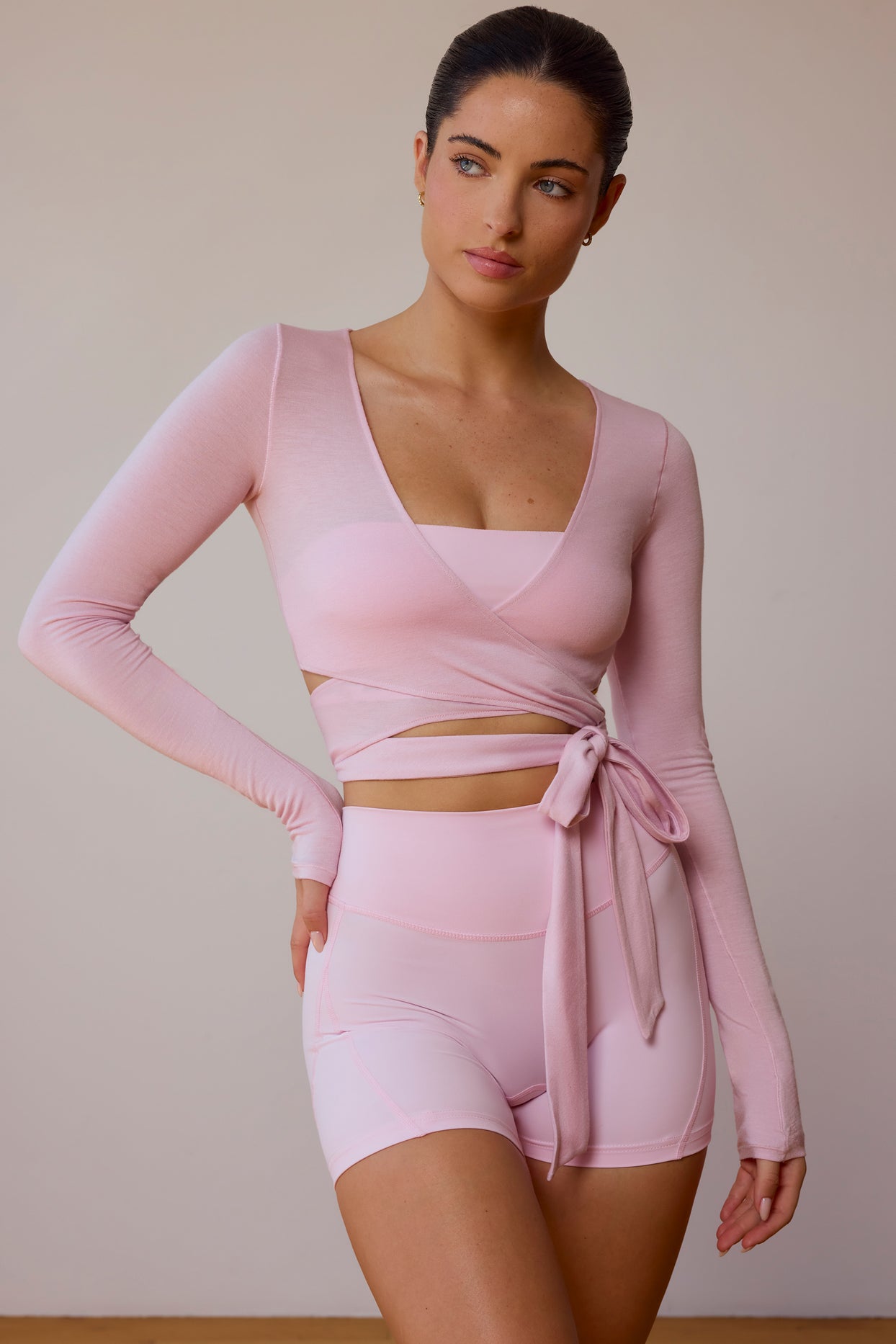 Long-Sleeve Wrap Crop Top in Soft Pink