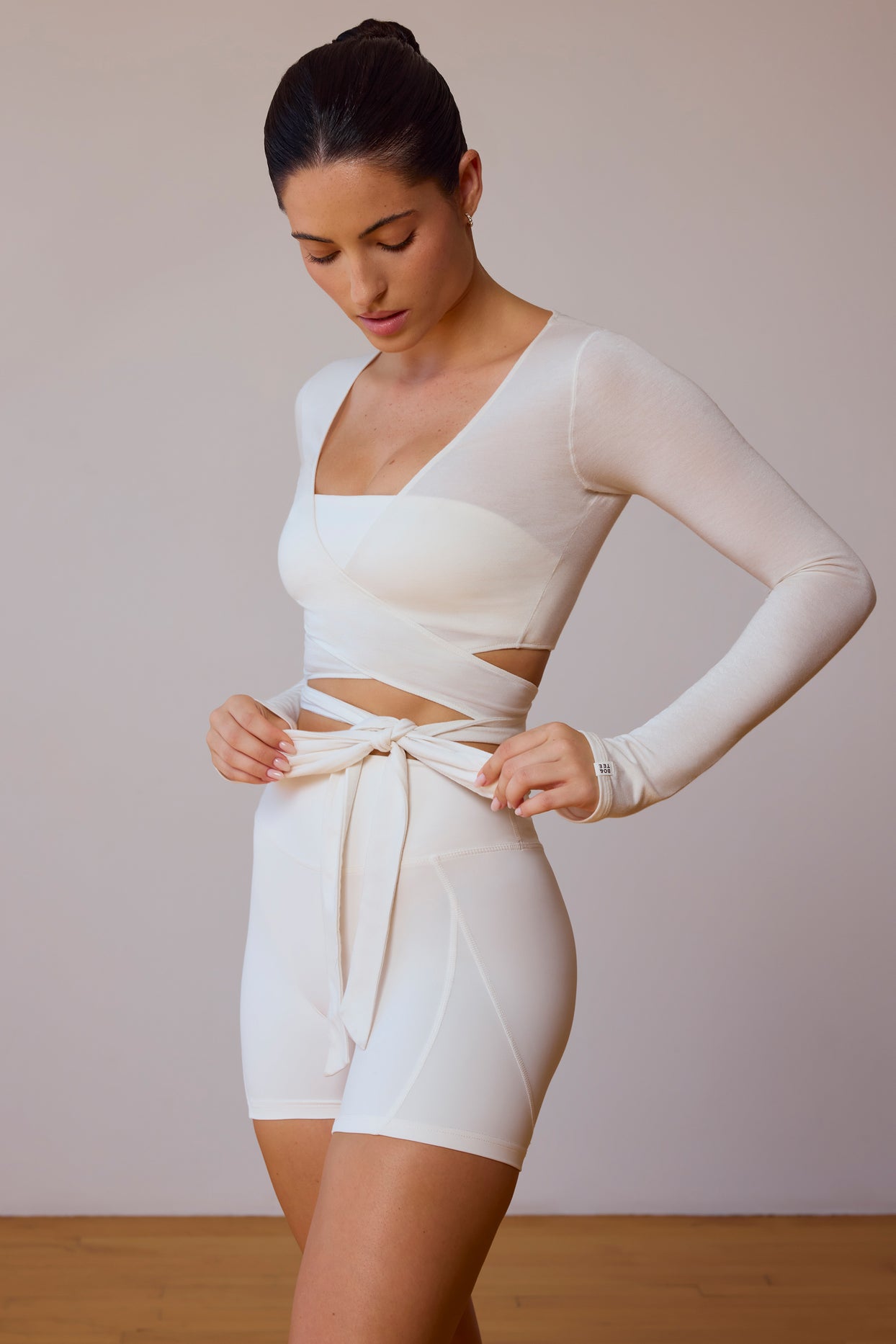 Long-Sleeve Wrap Crop Top in Soft White