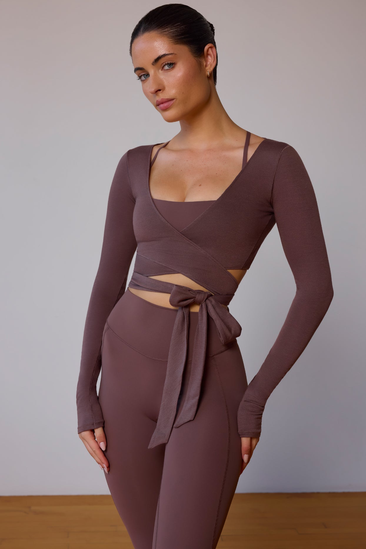 Long-Sleeve Wrap Crop Top in Taupe Brown