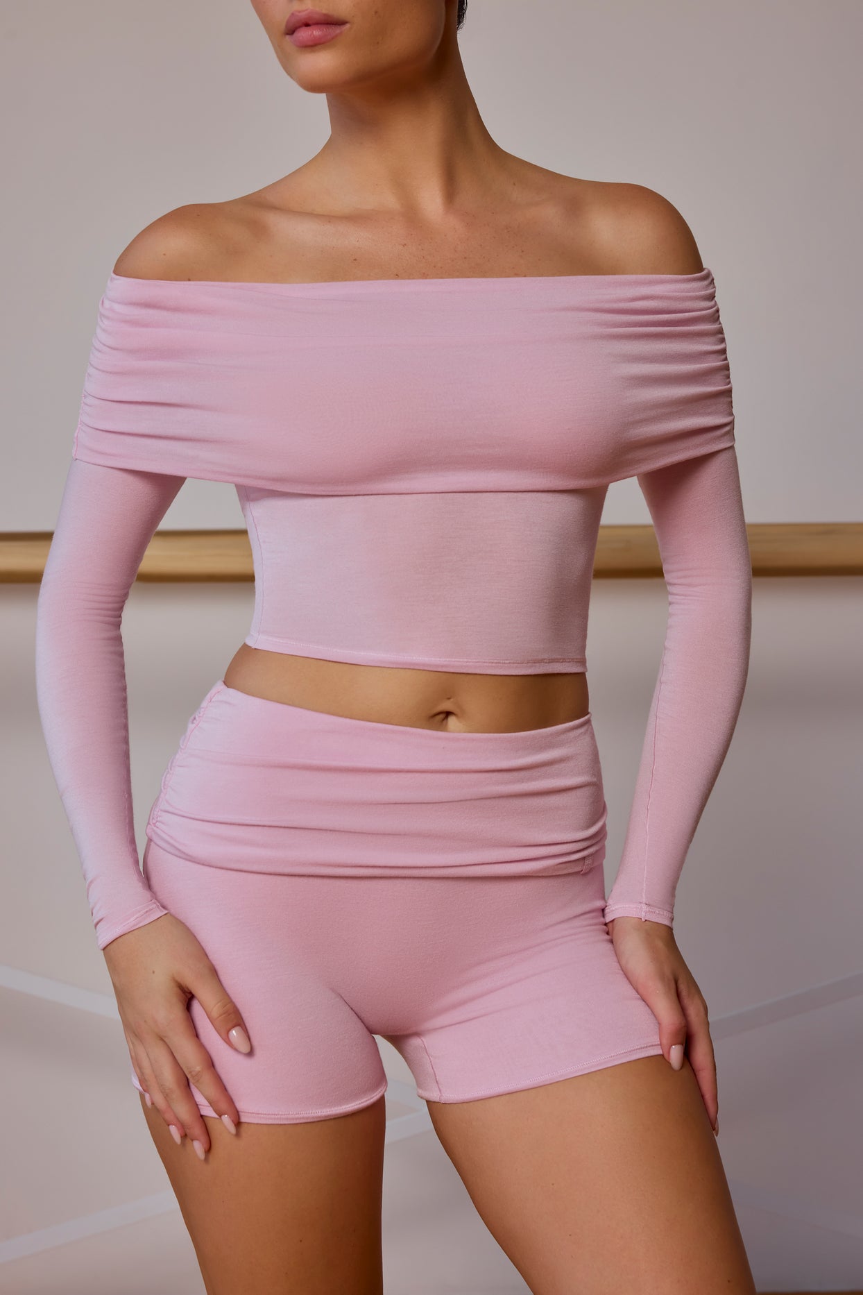 Sheer Off-Shoulder Long-Sleeve Top in Soft Pink