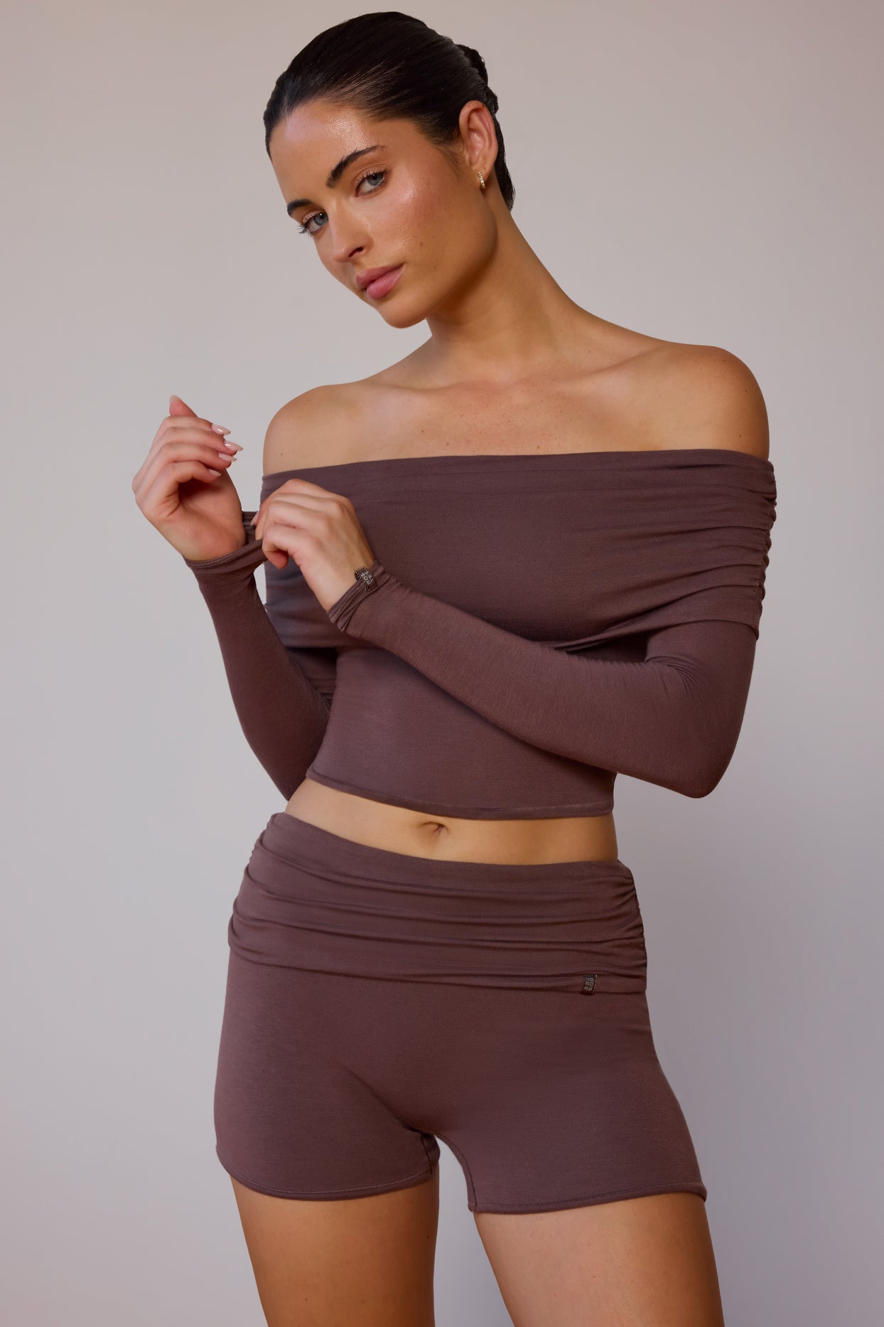 Sheer Off-Shoulder Long-Sleeve Top in Taupe Brown