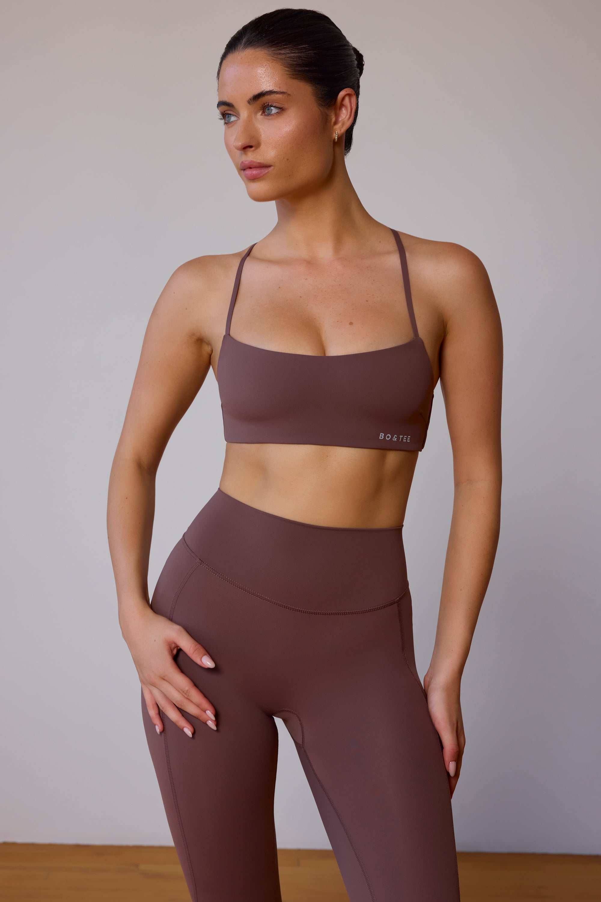 Cross-Back Sports Bra in Taupe Brown