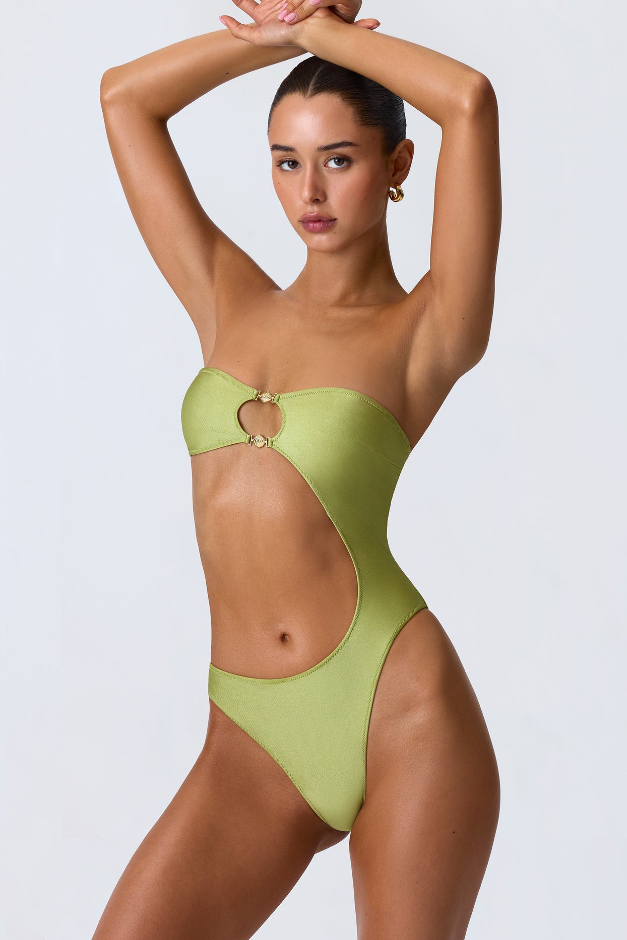 Embellished Cut-Out Bandeau Swimsuit in Pear Green