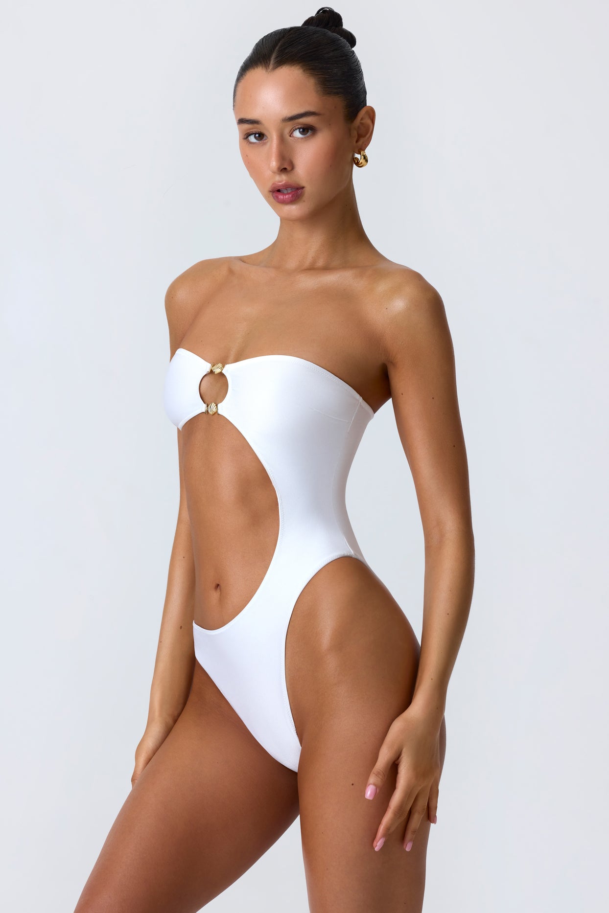 Embellished Cut-Out Bandeau Swimsuit in White
