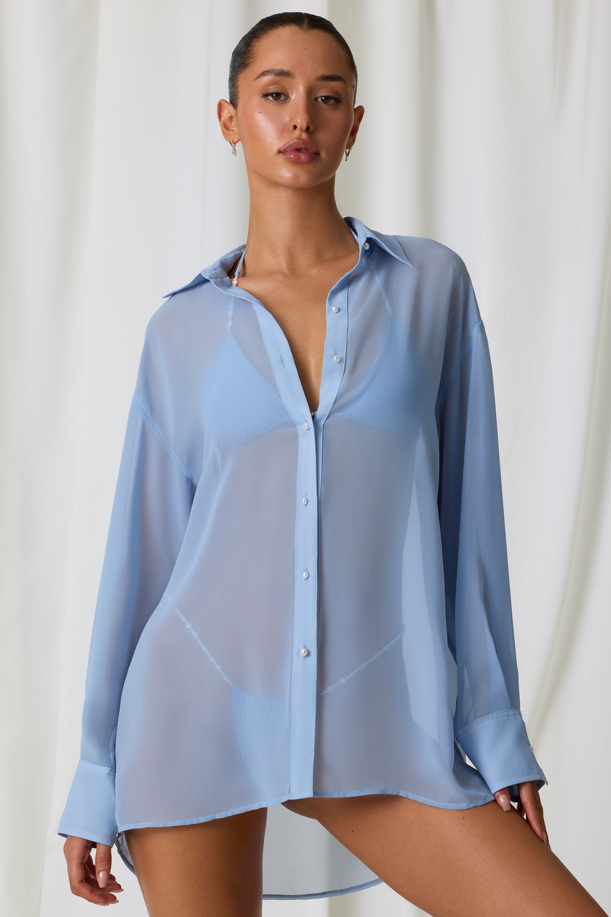 Pearl-Detail Oversized Shirt in Sky Blue