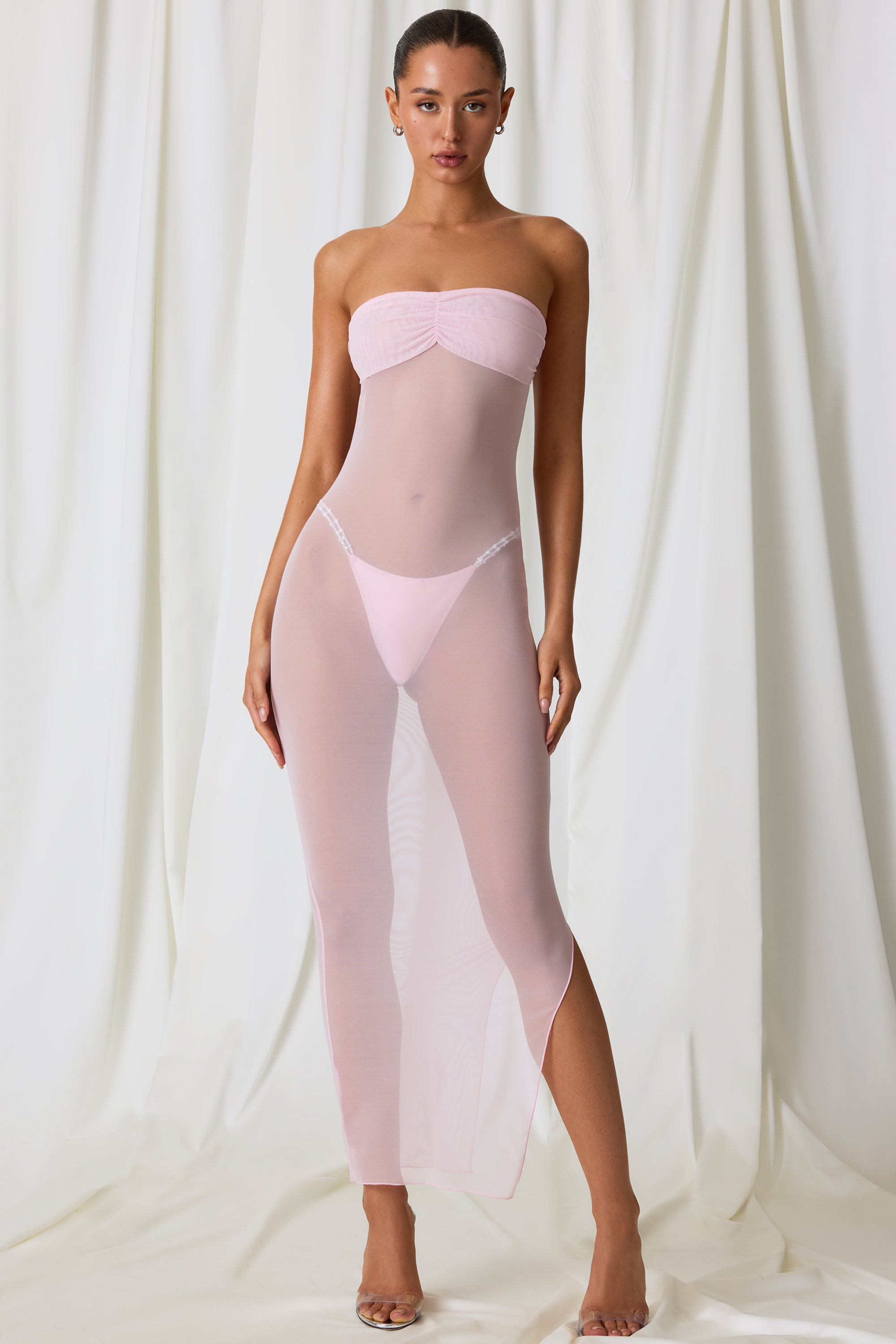 Ruched Bandeau Midi Dress in Soft Pink