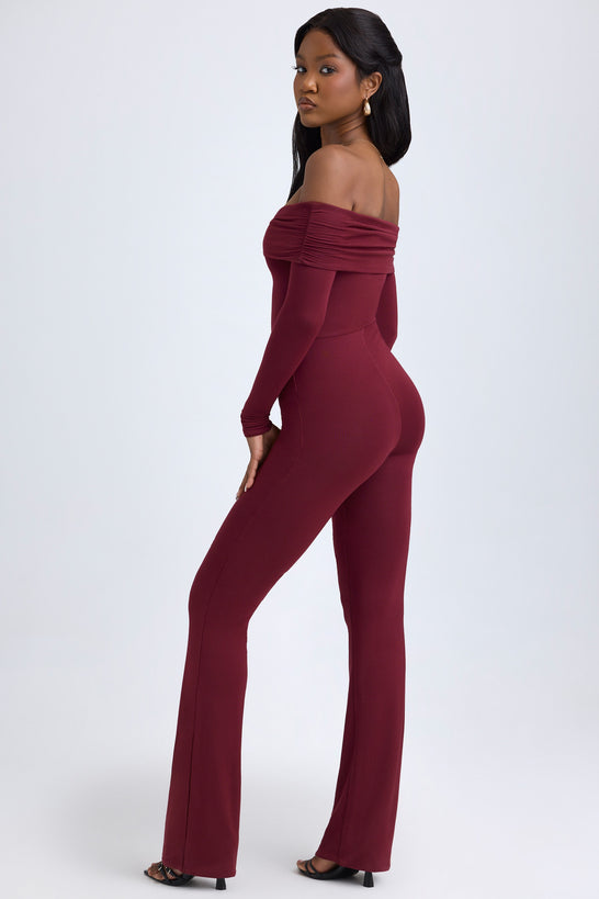 Tall Modal Off-Shoulder Ruched Jumpsuit in Wine Red