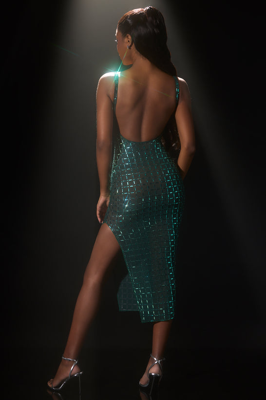 Embellished Open-Back Midaxi Dress in Emerald Green