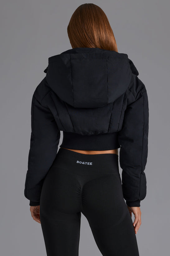 Contour Hooded Cropped Puffer Jacket in Black