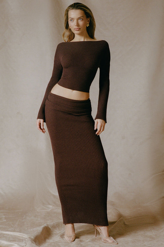 Ribbed-Knit Foldover Maxi Skirt in Espresso