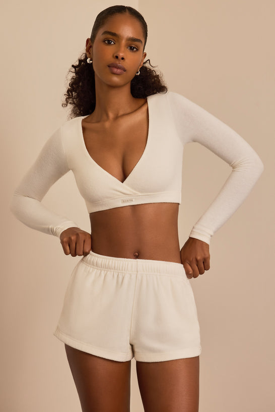 Brushed Jersey Wrap Crop Top in Ecru