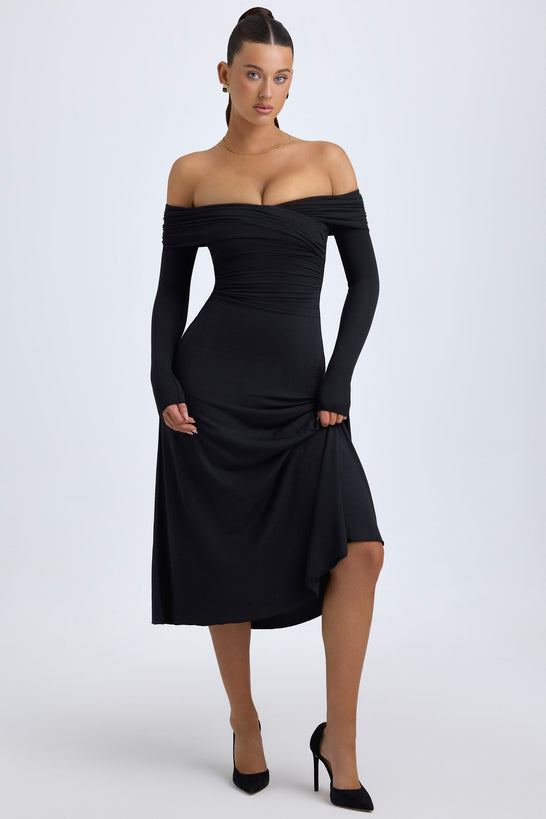 Modal Off-Shoulder Ruched Midaxi Dress in Black