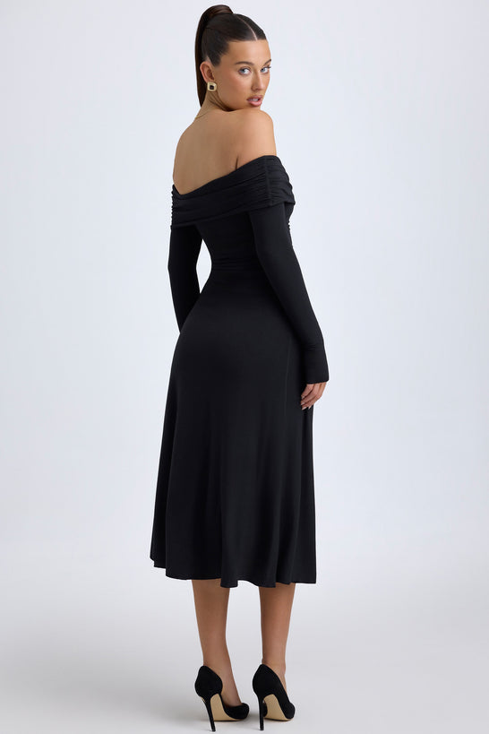 Modal Off-Shoulder Ruched Midaxi Dress in Black