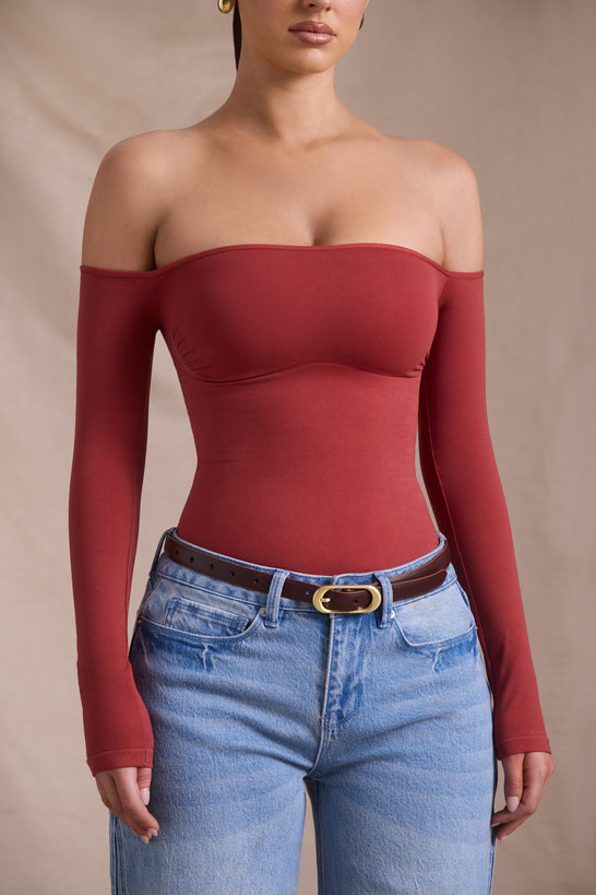 Seamless Off-Shoulder Long-Sleeve Bodysuit in Brick Red