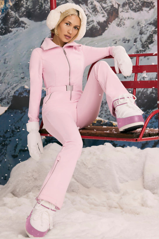 Fleece-Lined Belted Ski Suit in Pastel Pink