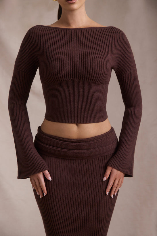 Ribbed-Knit Slash-Neck Top in Espresso