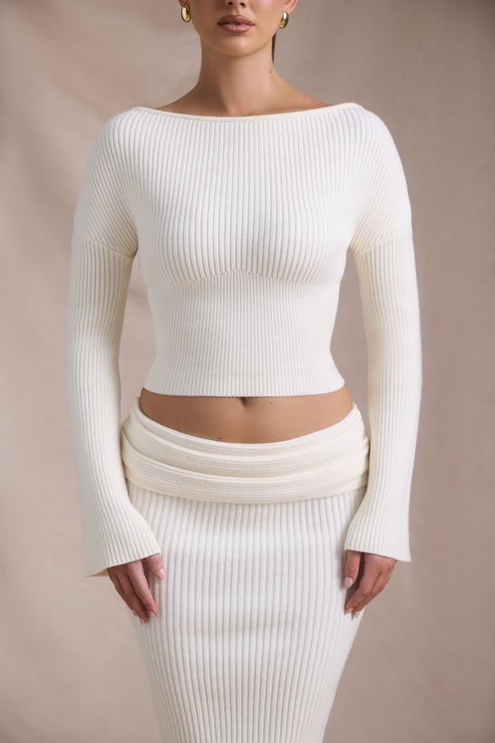 Ribbed-Knit Slash-Neck Top in Ivory