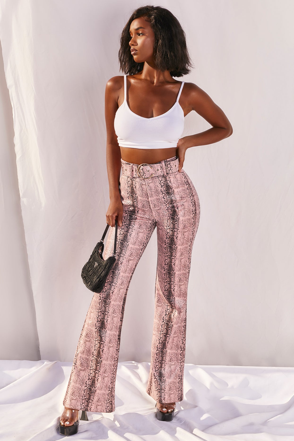 Drive 'Em Wild High Waisted Wide Leg Trousers in Pink Snake Print