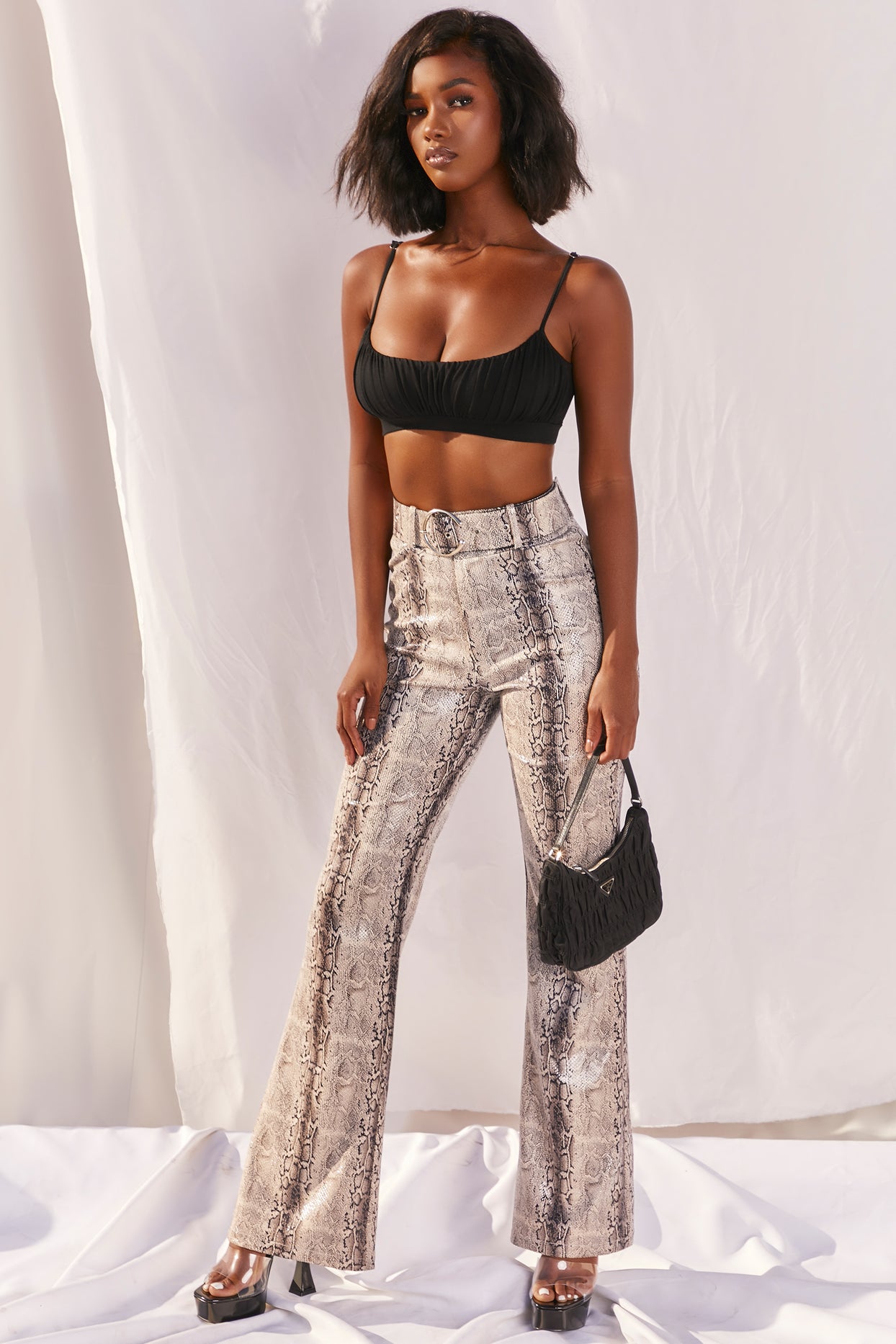 Drive 'Em Wild High Waisted Wide Leg Trousers in Grey Snake Print