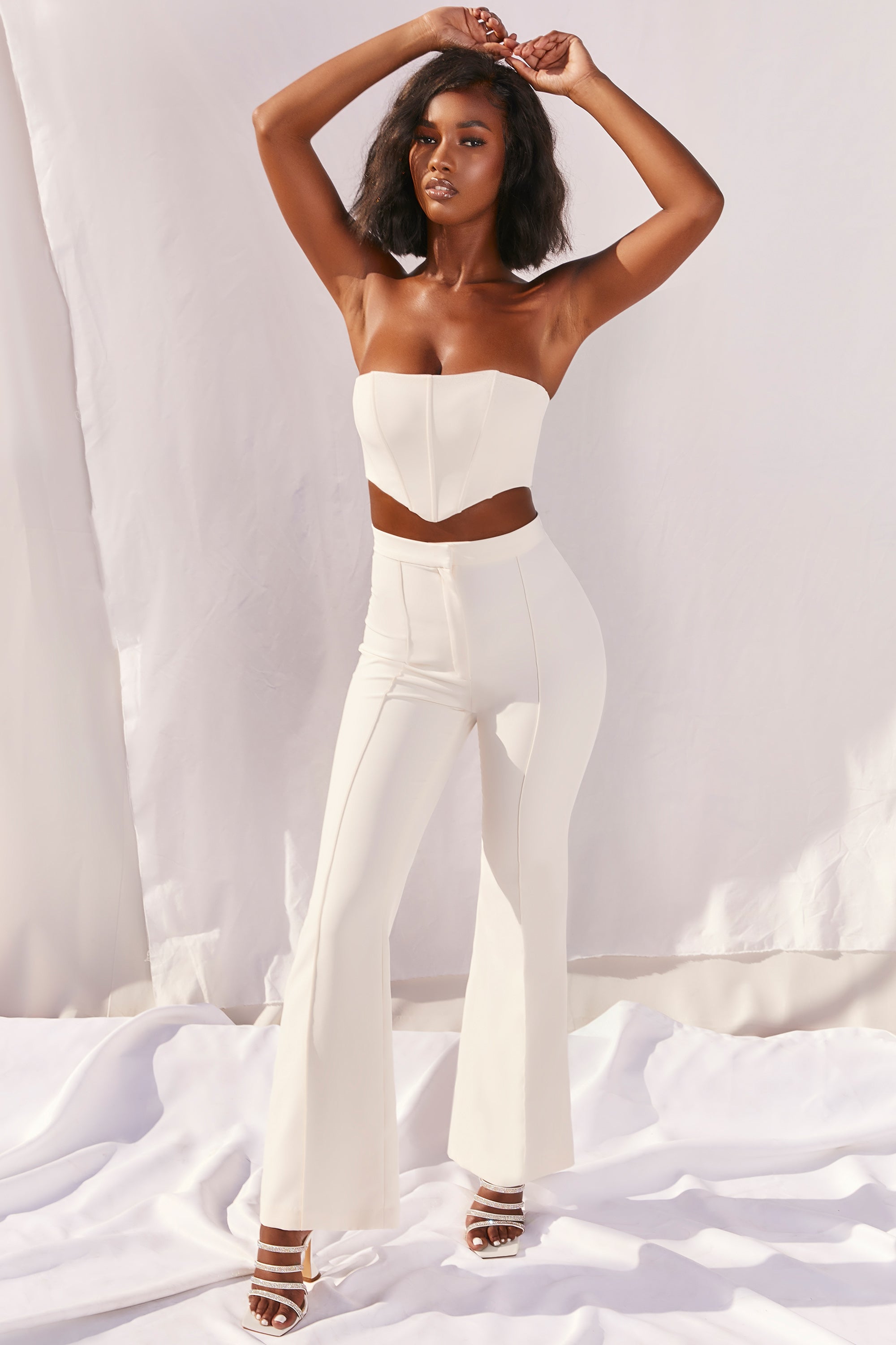 Kazo White Flared Fit High Rise Trousers