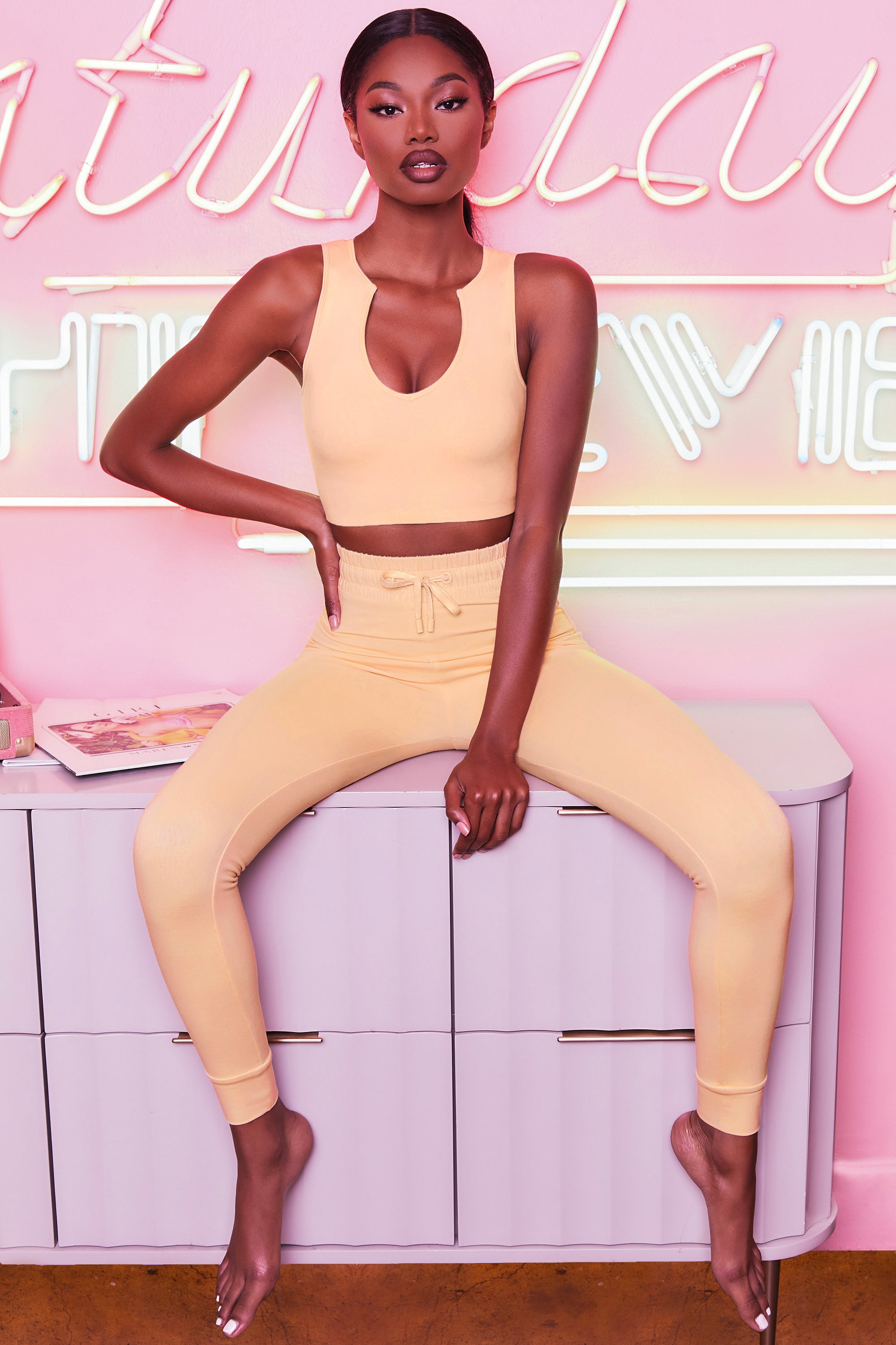 We Chillin' High Waisted Leggings in Peach | Oh Polly