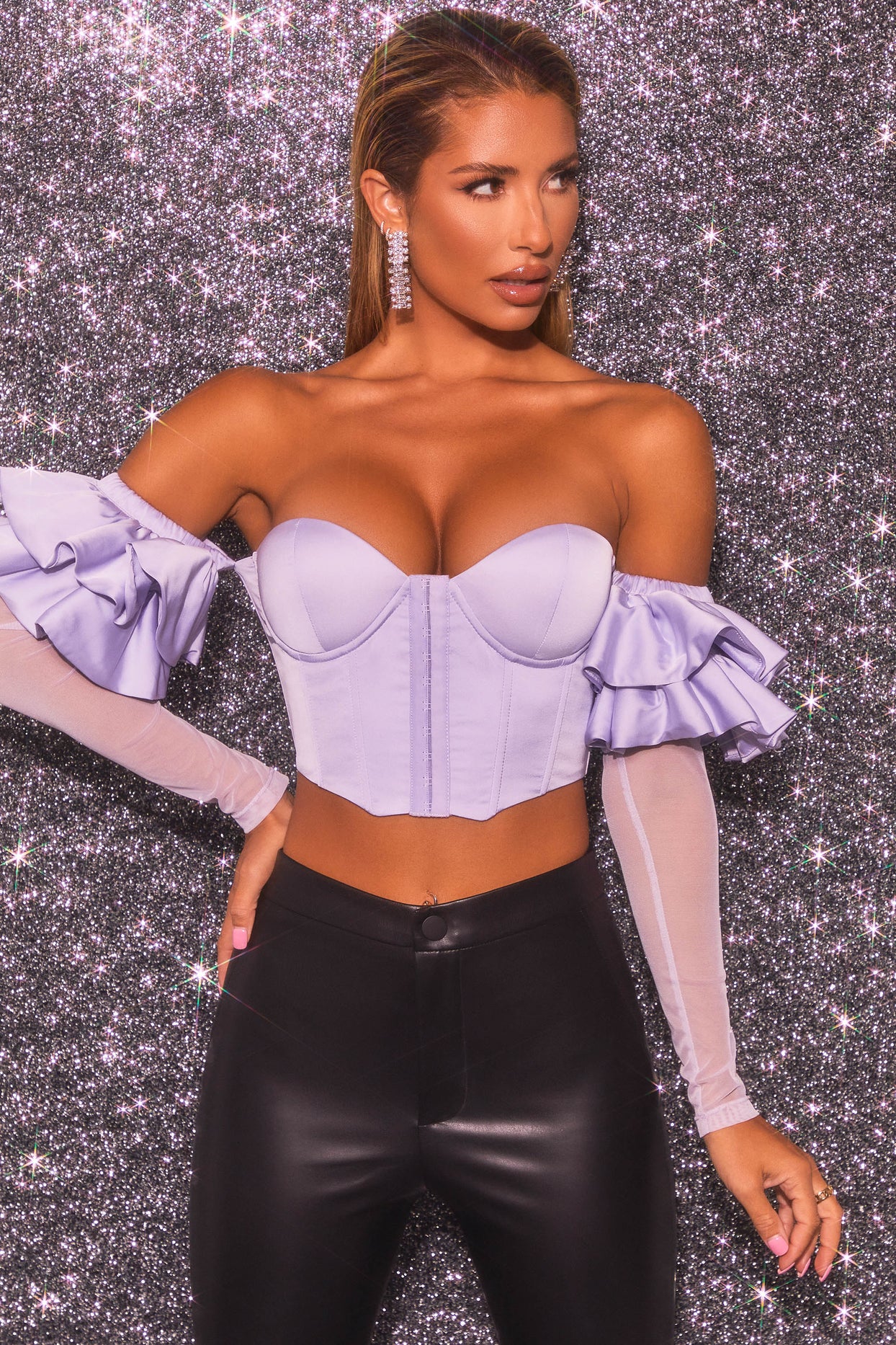 Wild Card Ruched Mesh Corset Crop Top in Lilac