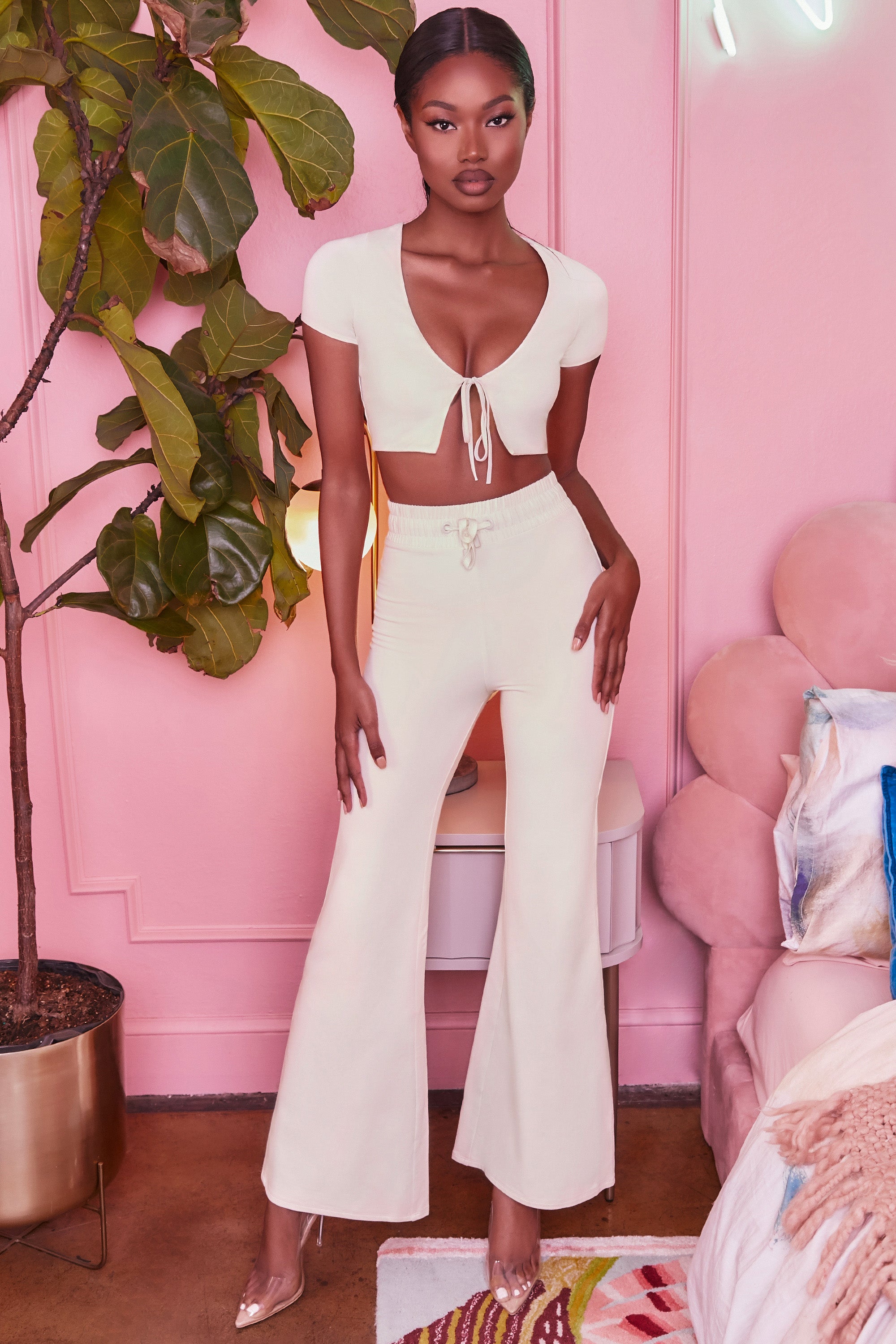 Zuni Lace Up Back Petite Trousers in Cream  Oh Polly