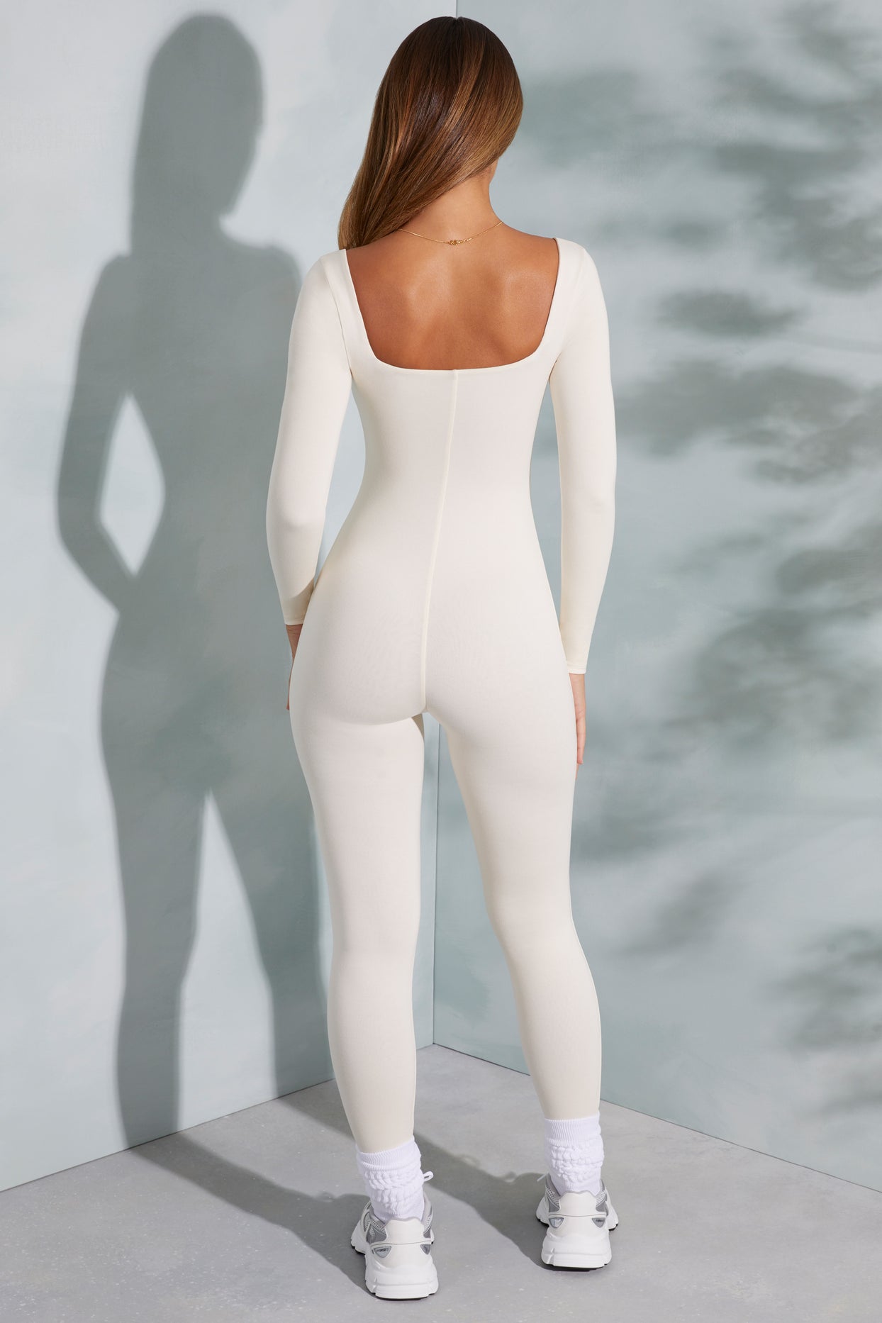 Delanie Square Neck Long Sleeve Jumpsuit in Ivory