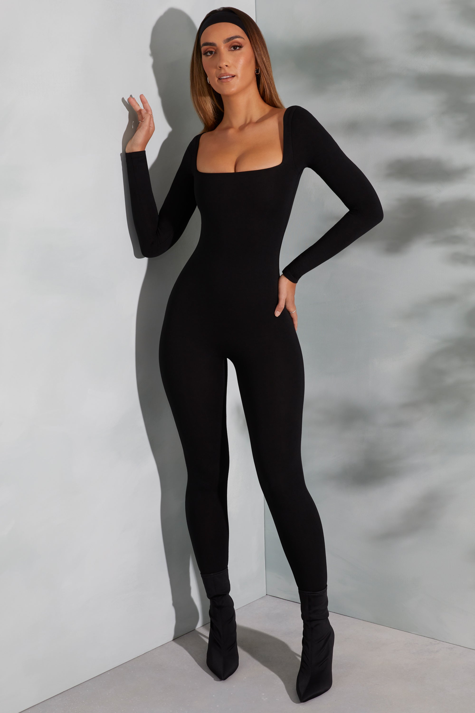 Square Neck Long Sleeve Jumpsuit in Black