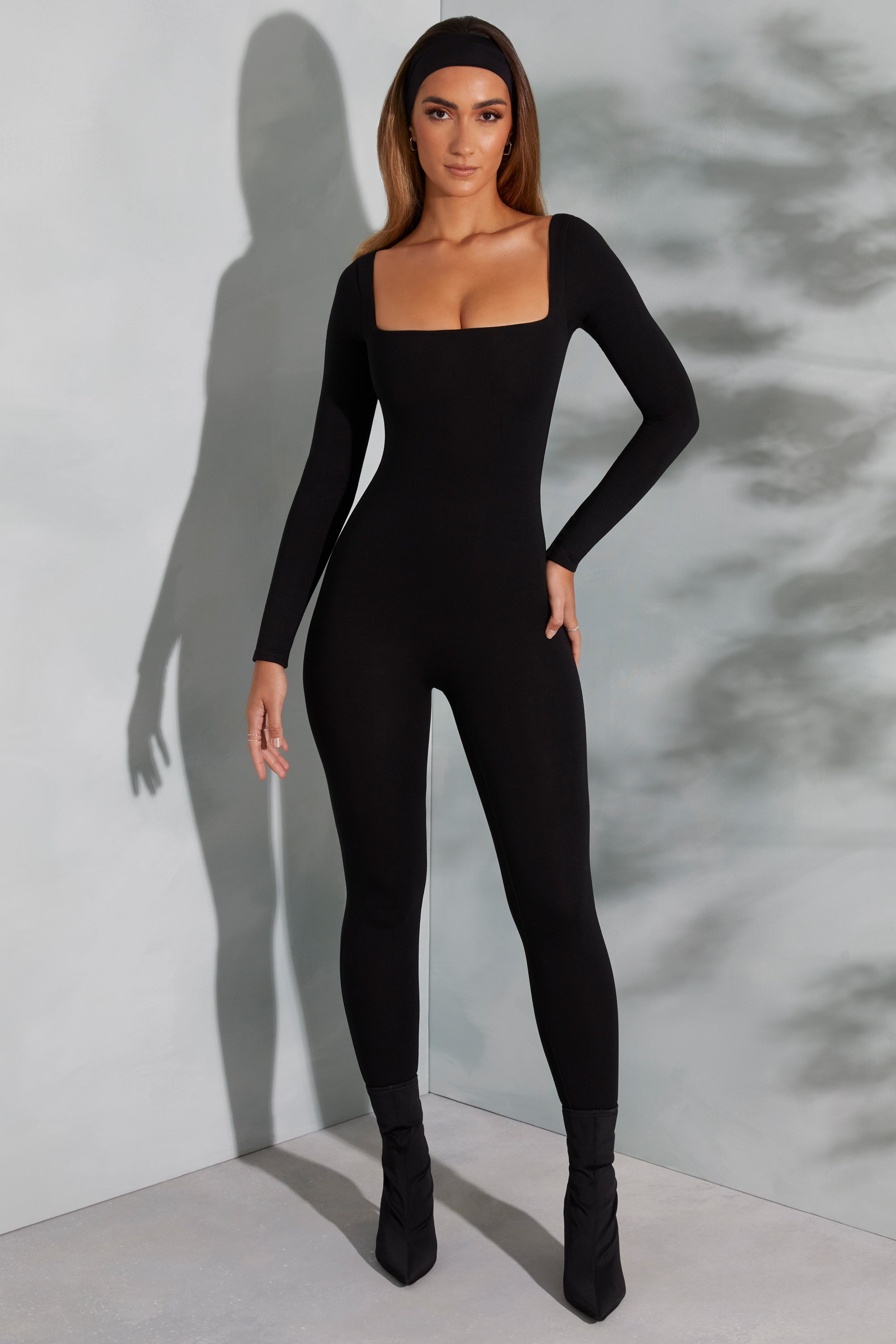 Shape Of You Square Neck Long Sleeve Jumpsuit in Black Oh Polly