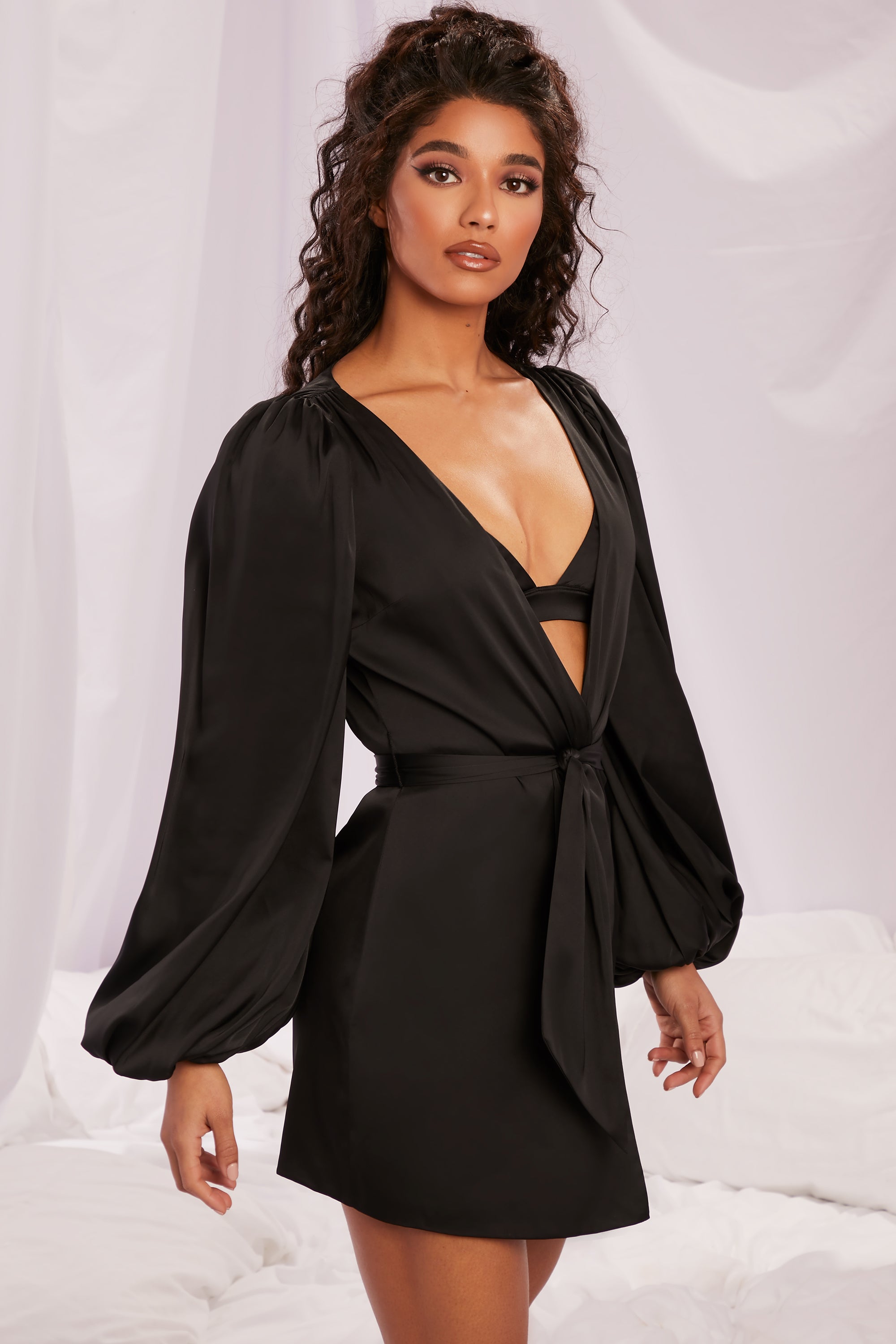 Soft Nights Satin Balloon Sleeve Robe in Black | Oh Polly