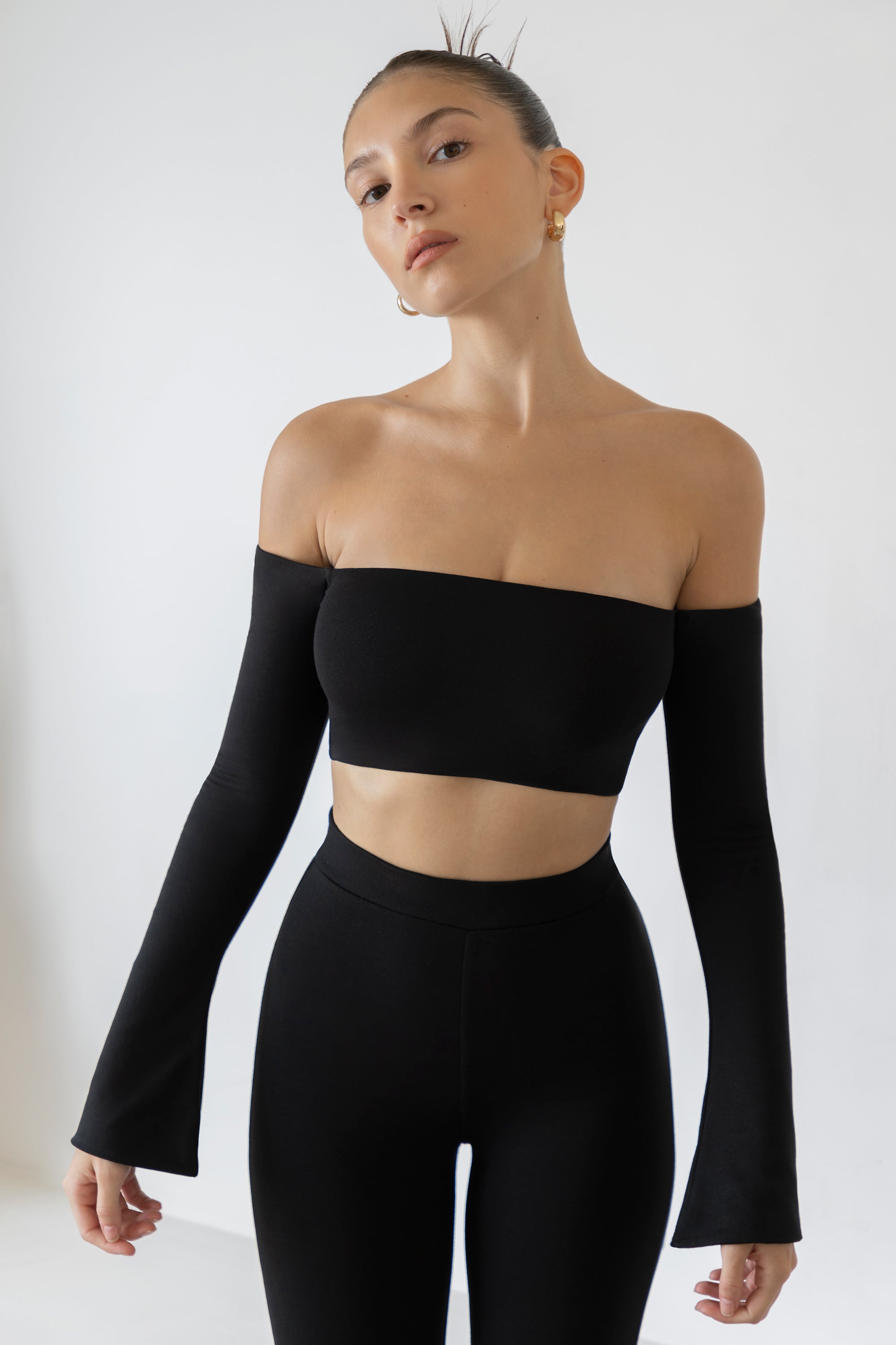 Renata Long Sleeve Bardot Crop Top in Black Oh Polly