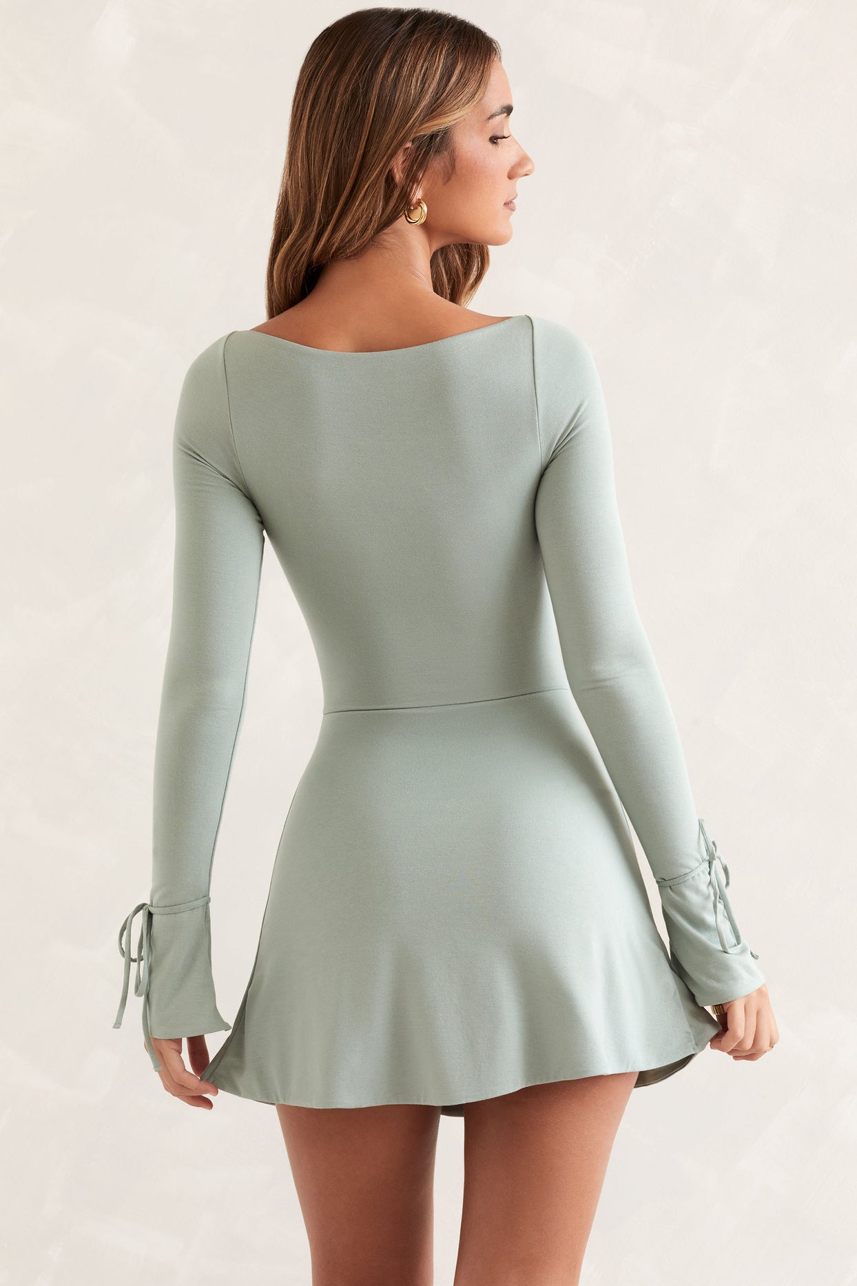 Baize Square Neck Long Sleeve Mini Dress in Ivory