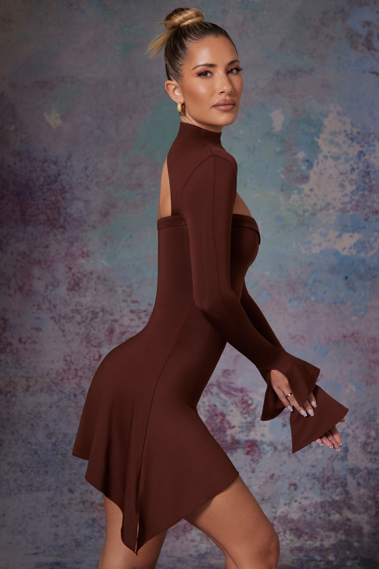 Katya Asymmetric High Neck Mini Dress in Brown
