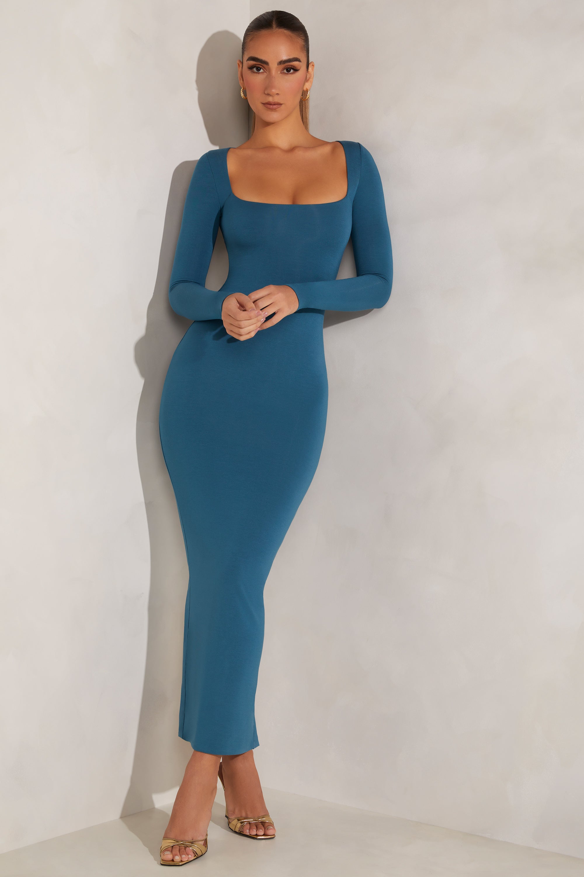 Peyton Long Sleeve Maxi Dress in Teal Oh Polly