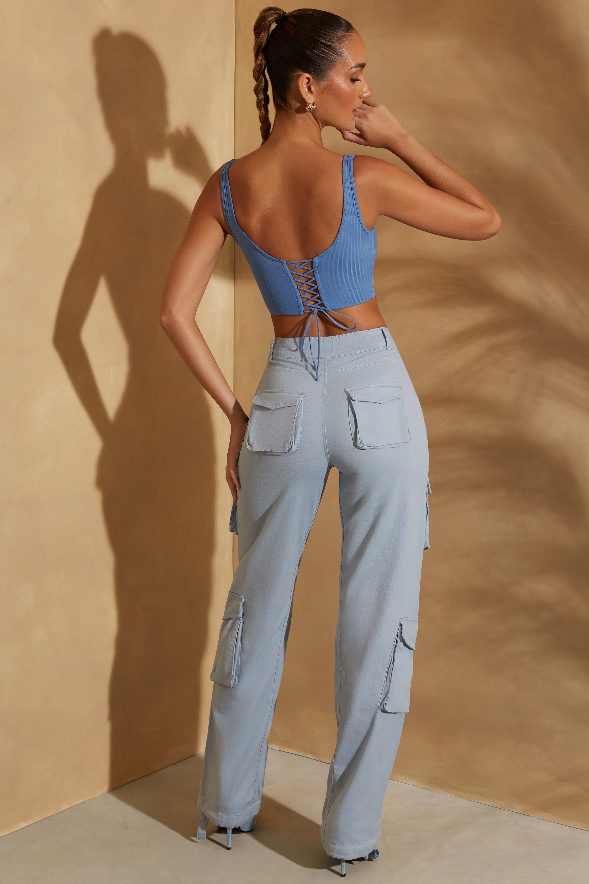 Parker Petite High Waist Wide Leg Cargo Trousers in Light Blue | Oh Polly