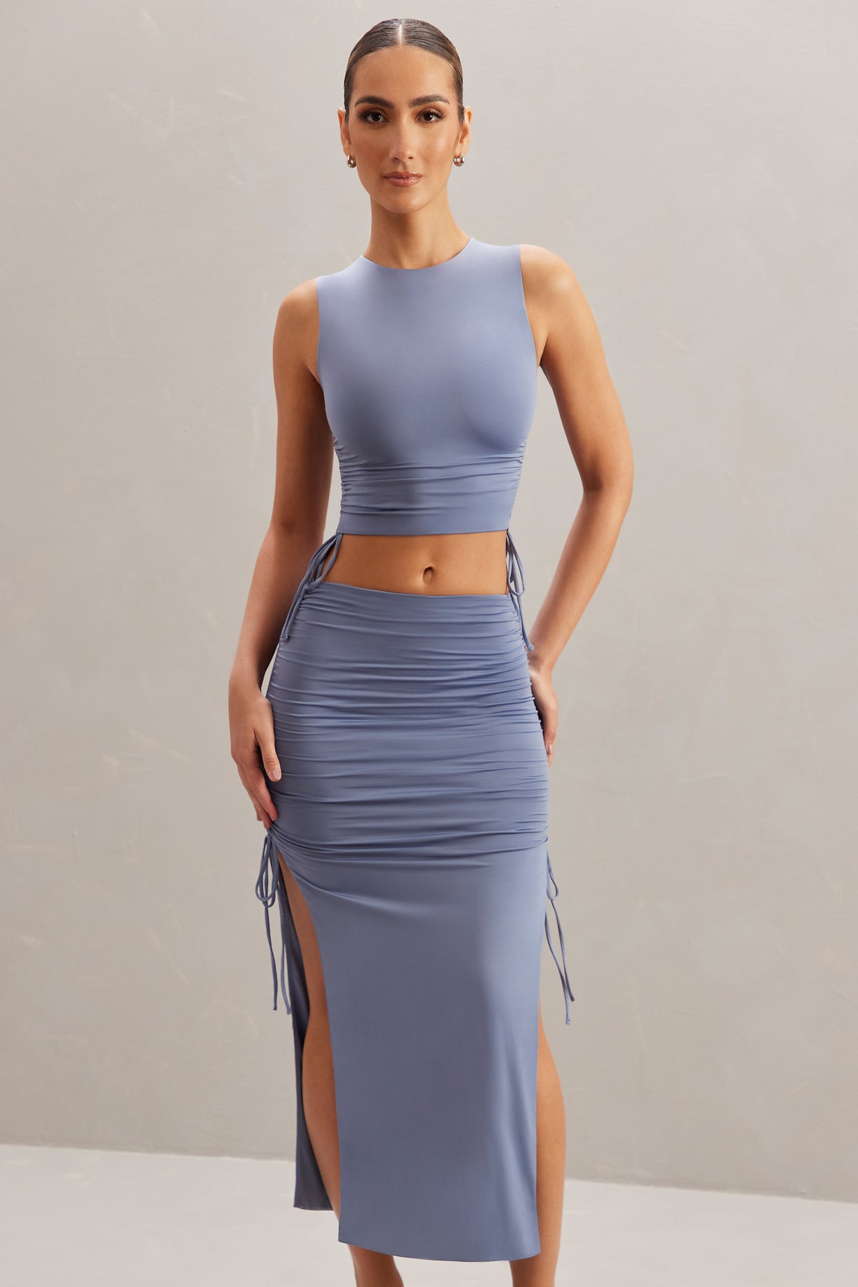 Alinta Mid Rise Ruched Midi Skirt in Blue | Oh Polly