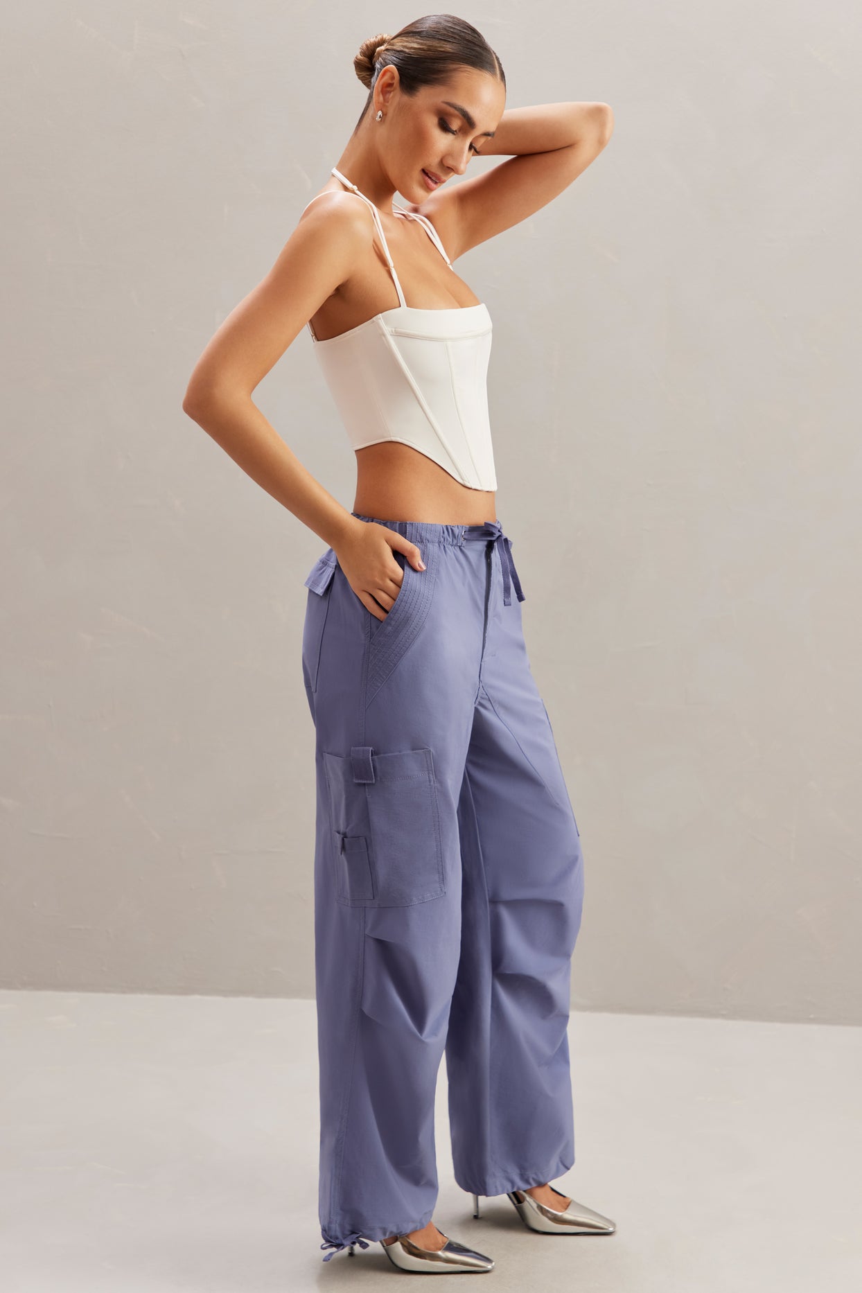 Rori Petite Wide Leg Cargo Trousers in Dusty Blue | Oh Polly