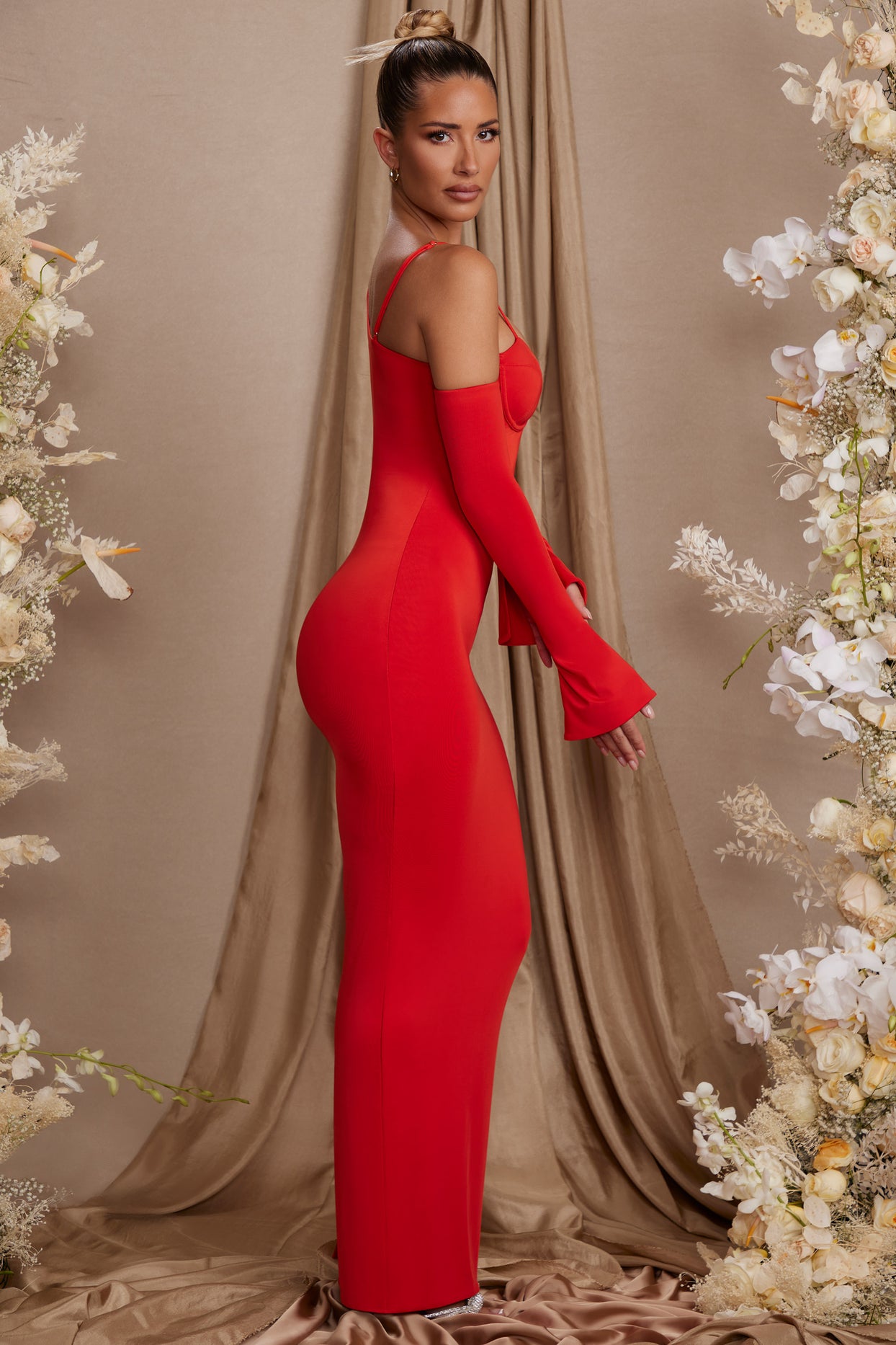 Isolde Long Sleeve Off The Shoulder Maxi Dress in Red