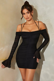 Evren Bardot Long Sleeve Ruched Mini Dress in Black | Oh Polly