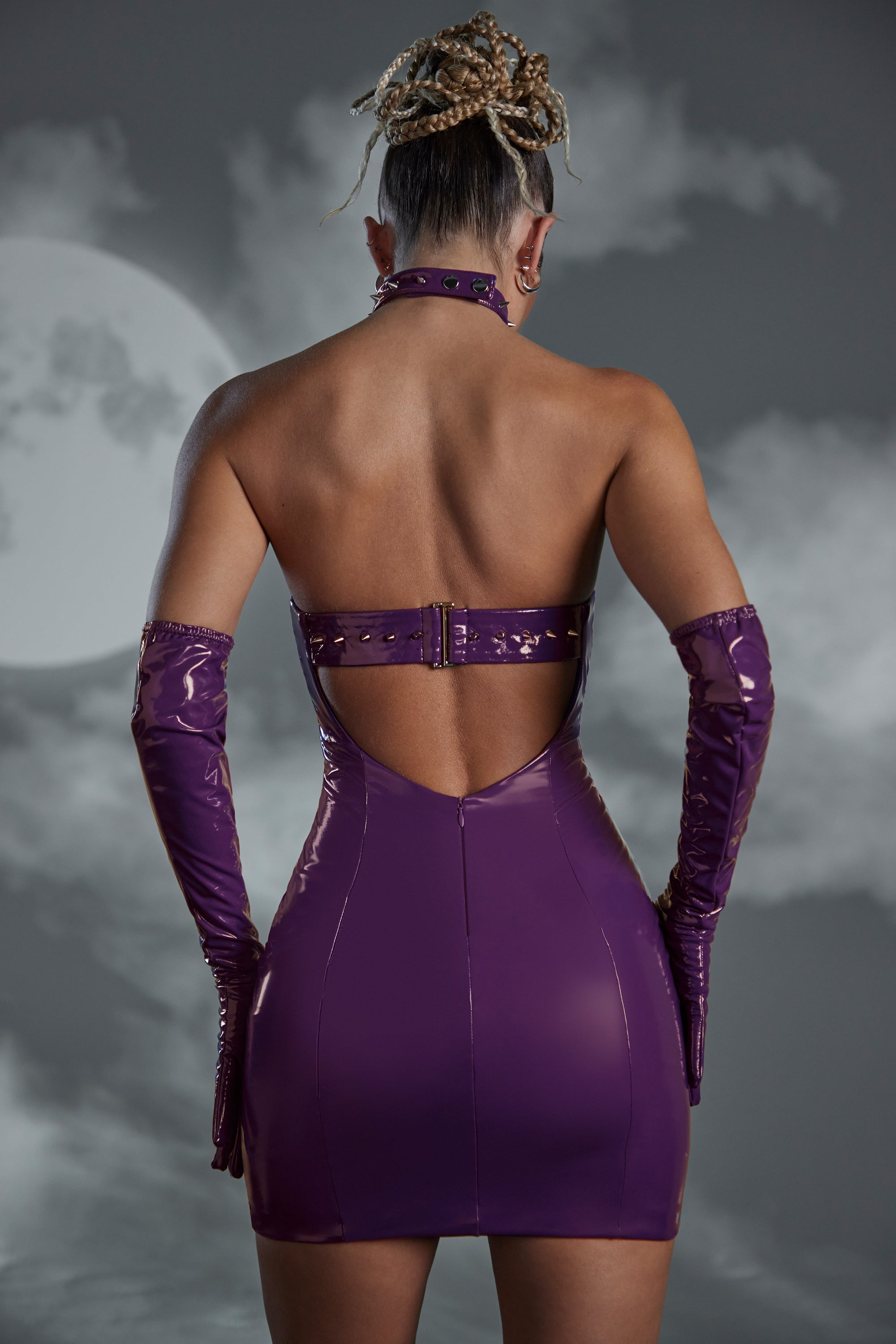 Angel Studded Back Strap Vinyl Mini Dress in Purple Oh Polly