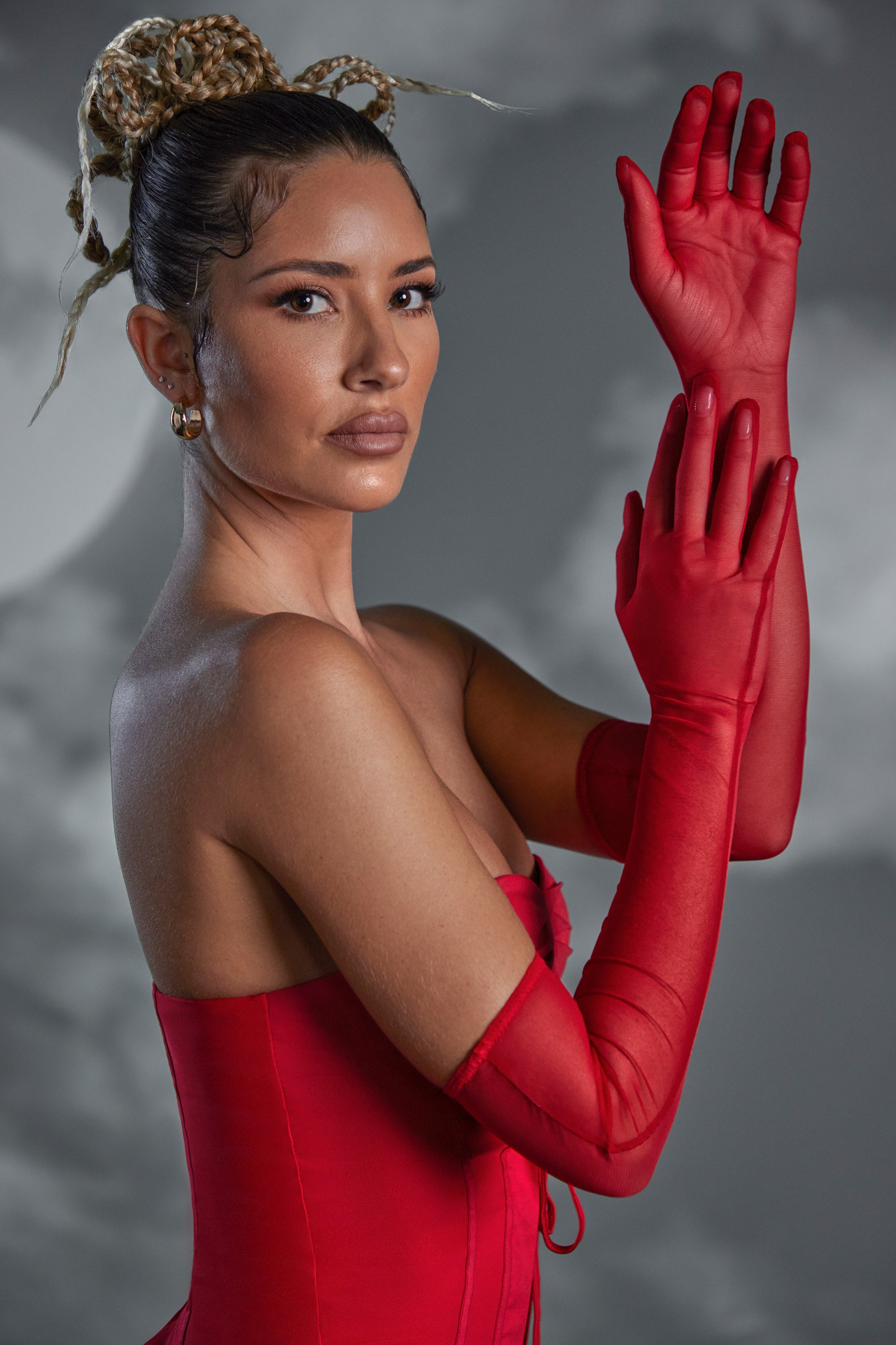 Hand Stitched Mesh Opera Gloves in Red